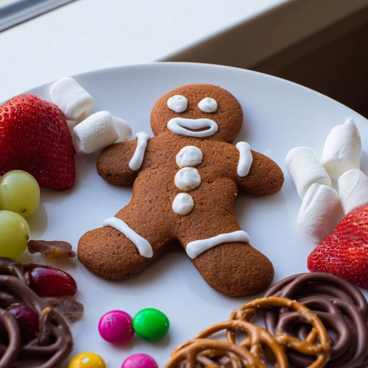 A beautifully arranged Gingerbread Man Cookie Board, a holiday dessert featuring gingerbread cookies and treats.