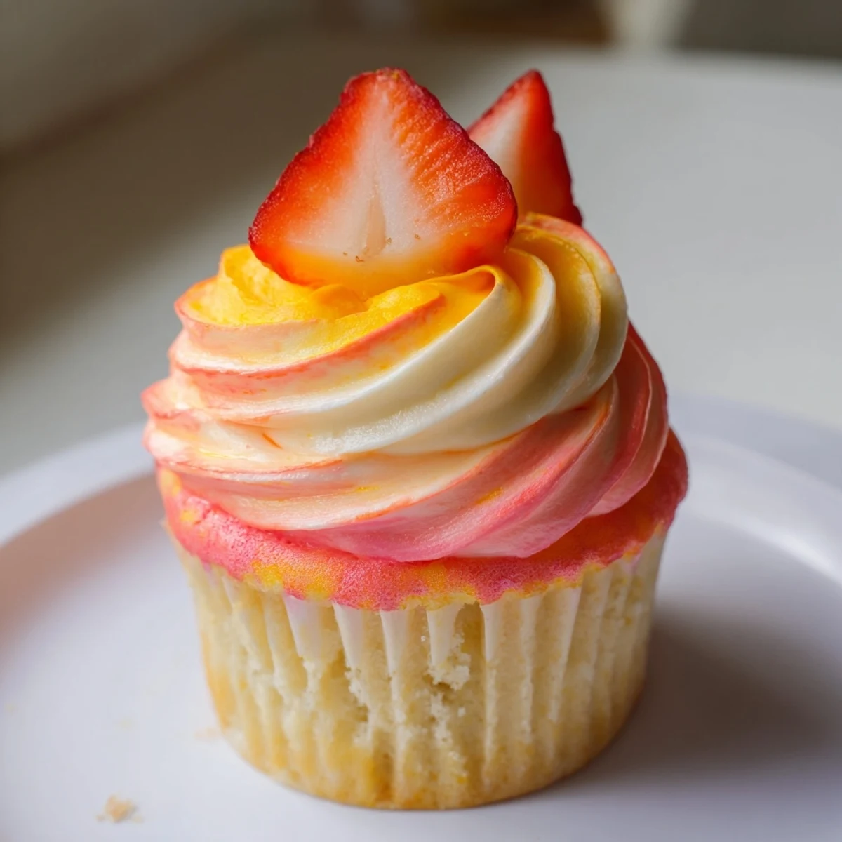 Mango Strawberry Sunset Cupcakes, with vibrant sunset swirls, strawberry and mango, ready to enjoy.