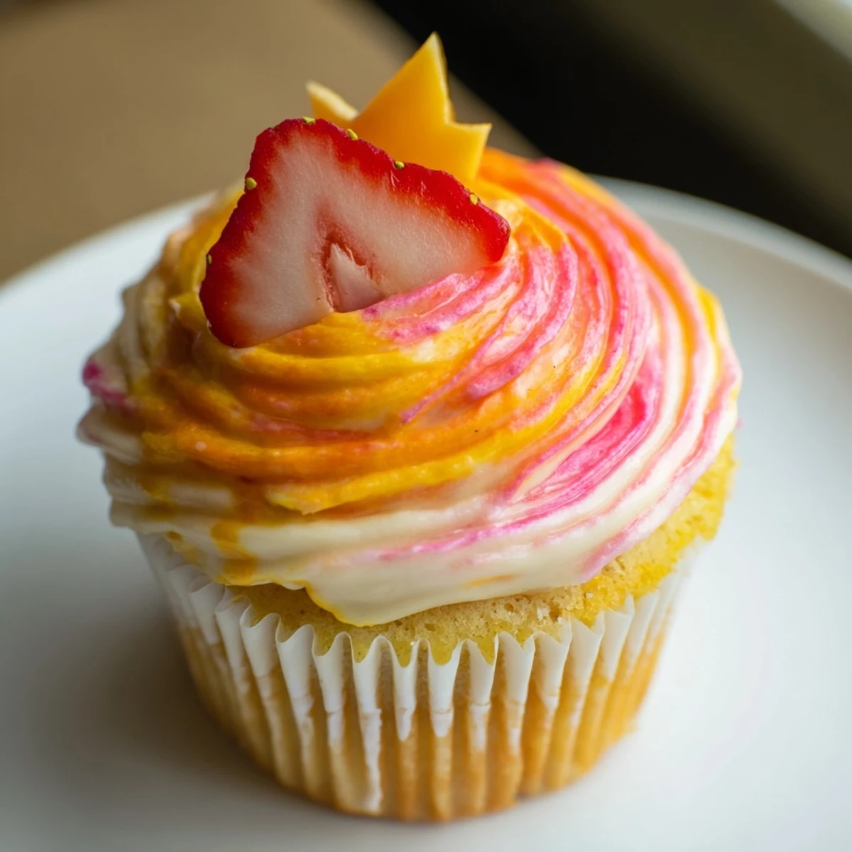 Freshly baked Mango Strawberry Sunset Cupcakes, topped with sunset buttercream and fresh fruit.