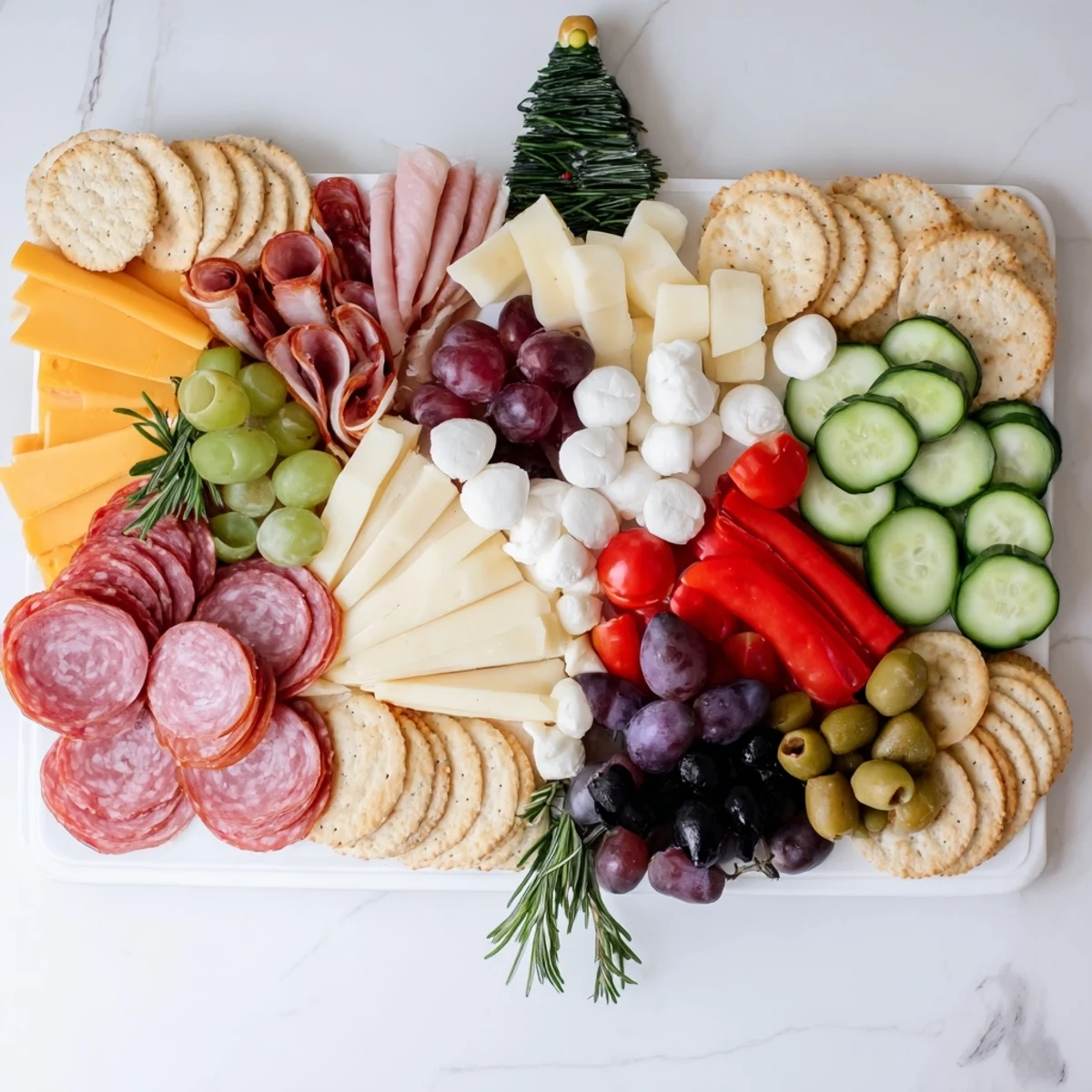 Visually stunning Christmas Tree Charcuterie Board appetizer, ideal for festive spreads and holiday celebrations.