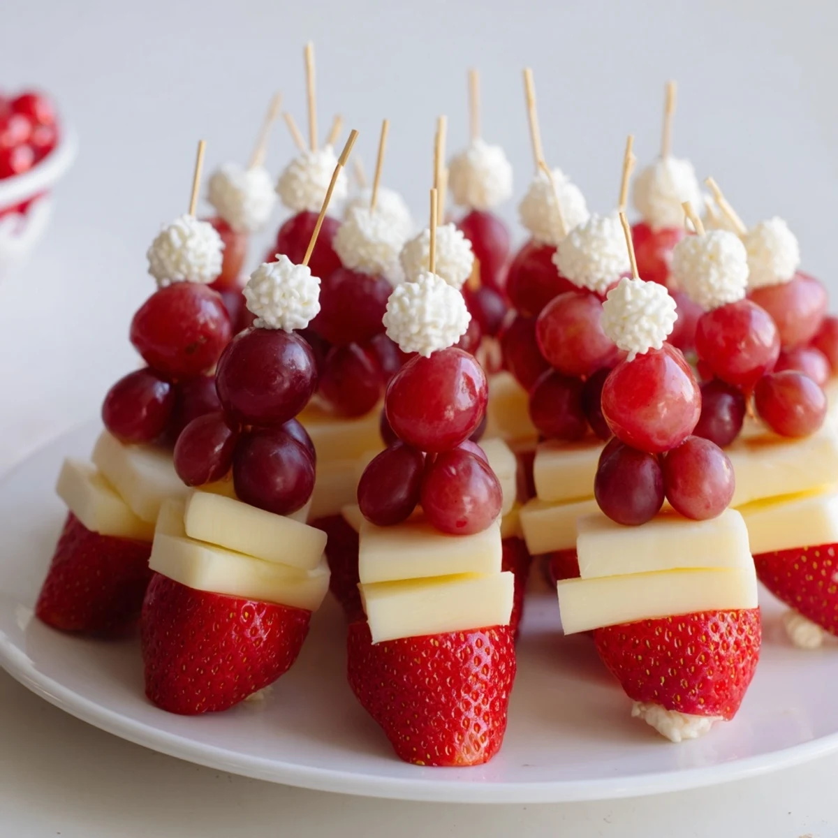 Santa Hat Fruit and Cheese Platter: Festive appetizer displaying red strawberries like Santa hats, cheese, & grapes.