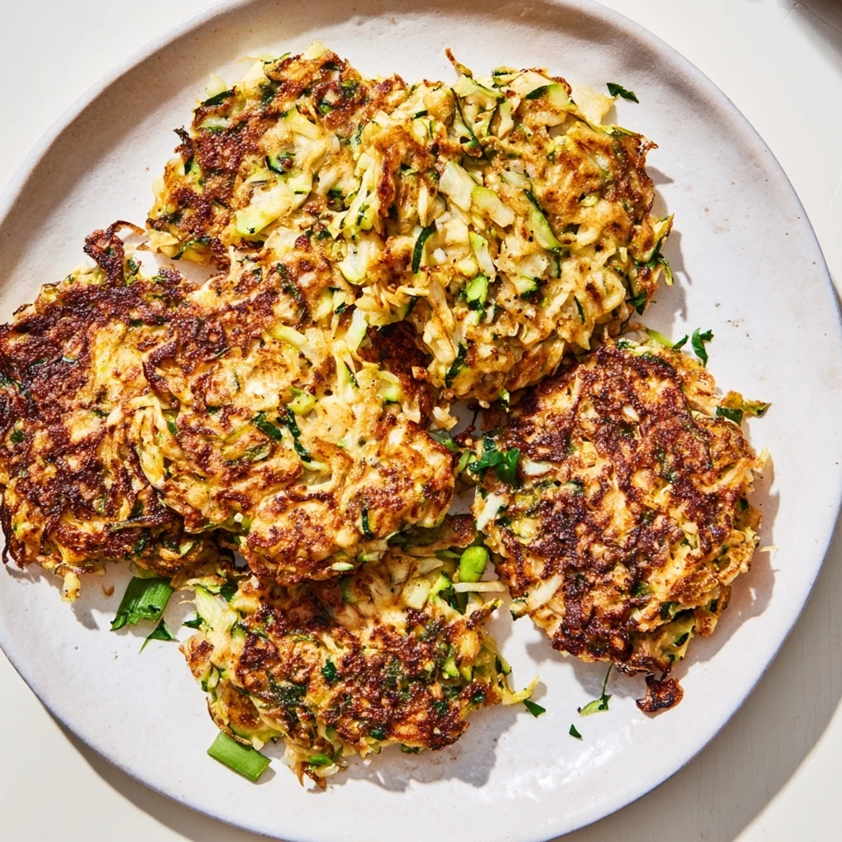 Golden-brown high-protein chicken zucchini fritters, perfectly shaped and ready to be served hot.