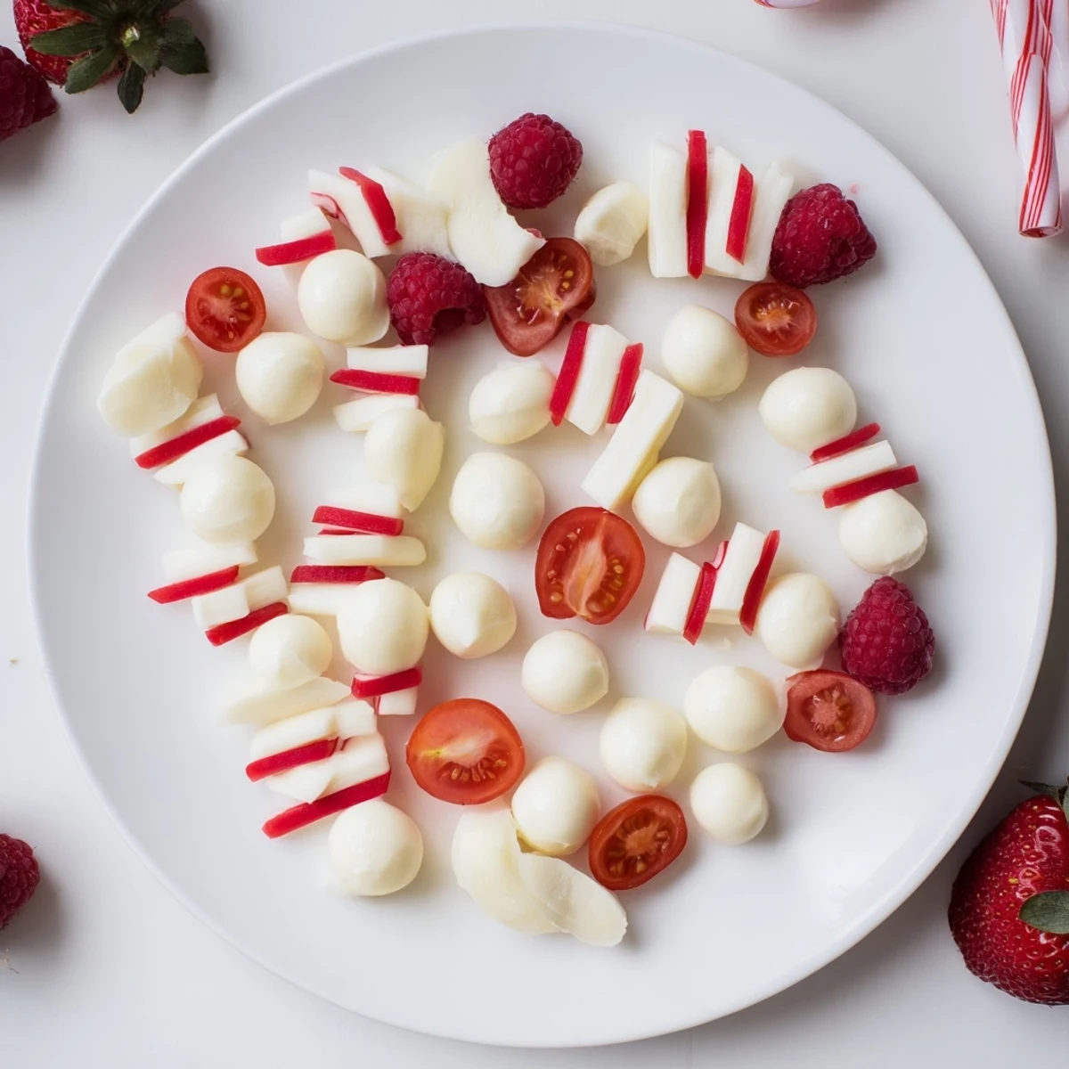 Festive Red and White Candy Cane Snack Board, a delightful holiday appetizer filled with colorful cheeses and fruit.