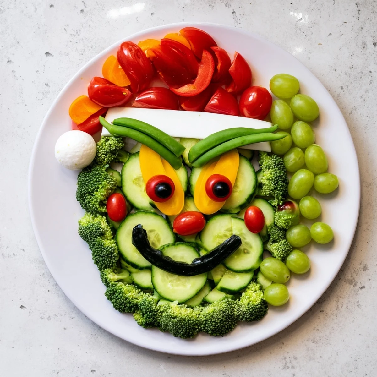 Savory Crudités Grinch Face veggie platter: a vibrant, creative appetizer featuring a smiling Grinch made of fresh vegetables.