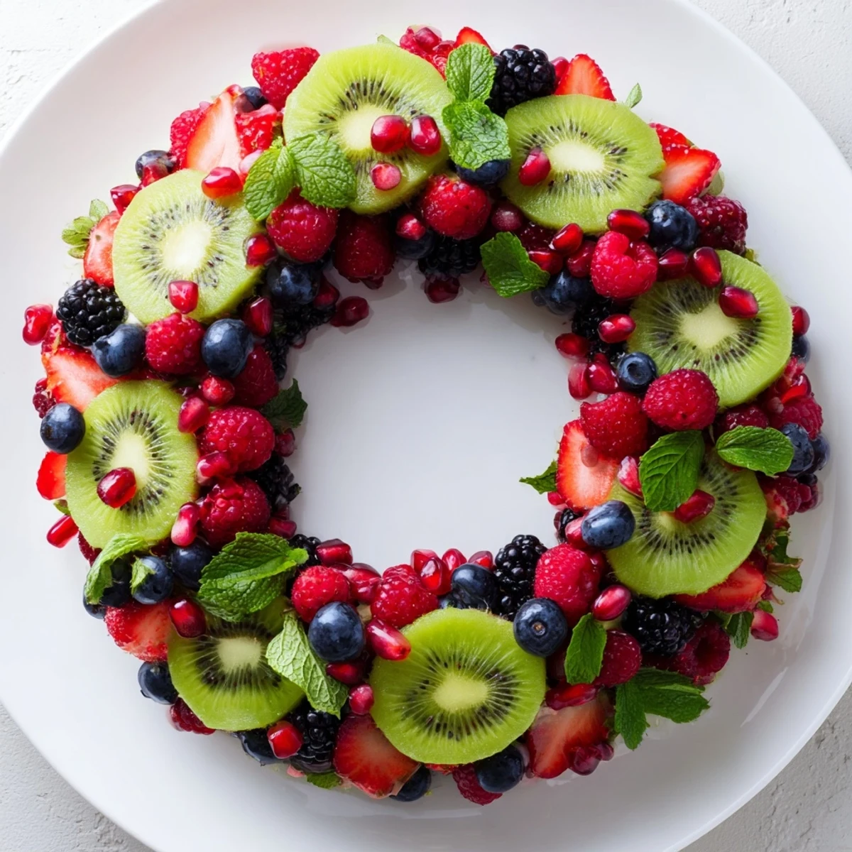 Beautiful holiday fruit plate: a kiwi and berry wreath bright with fresh ingredients.