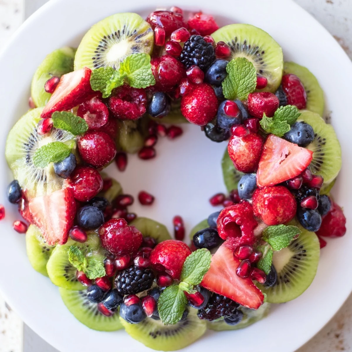 Fresh, colorful kiwi and berry holiday wreath—a delicious, easy appetizer for festive celebrations, bursting with flavor.