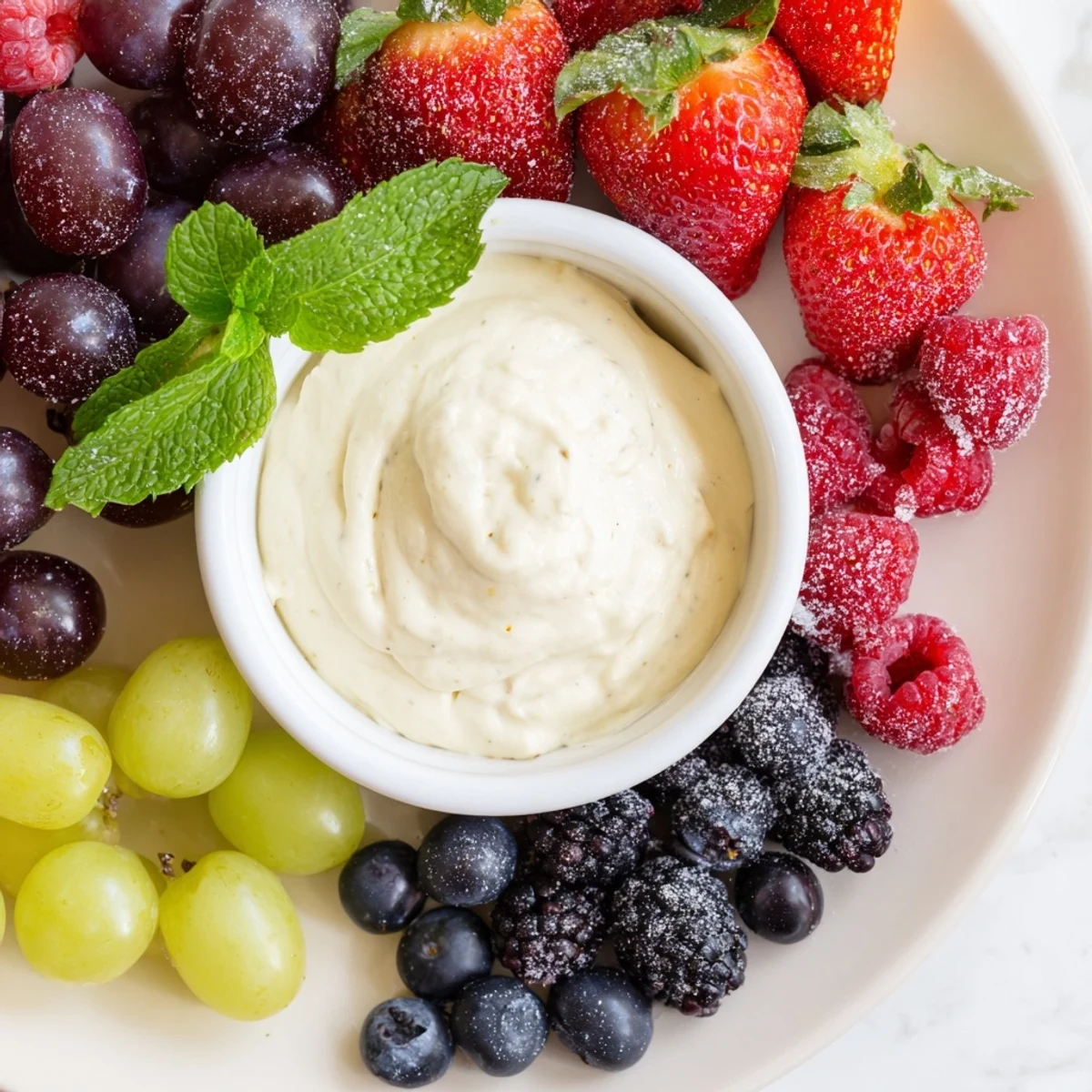 Mistletoe Kiss Berry Dip Board overflows with vibrant berries surrounding a luscious, chilled dip for dipping.