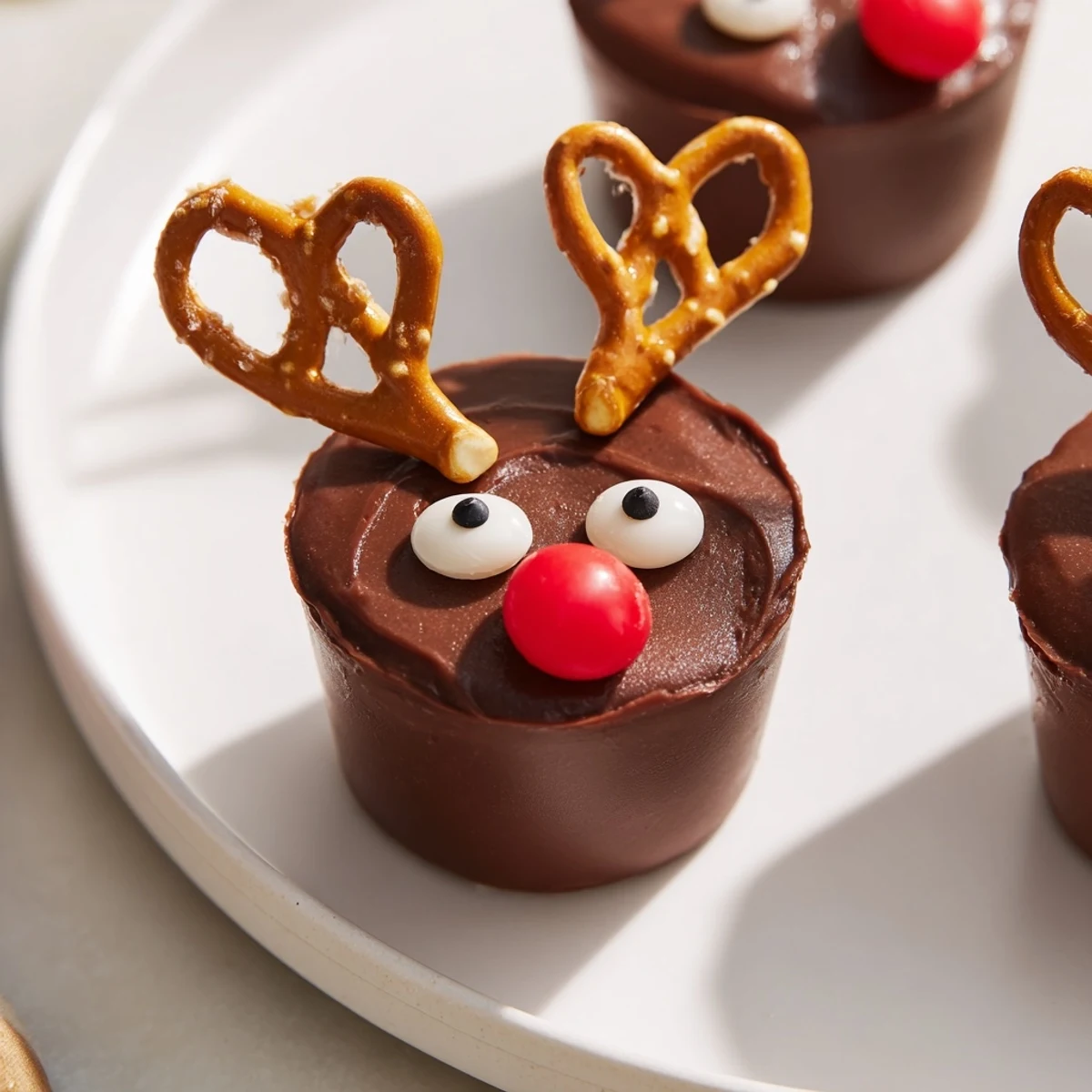 Chocolate reindeer pudding cups gleam, adorned with pretzel antlers and red candy noses for a festive treat.