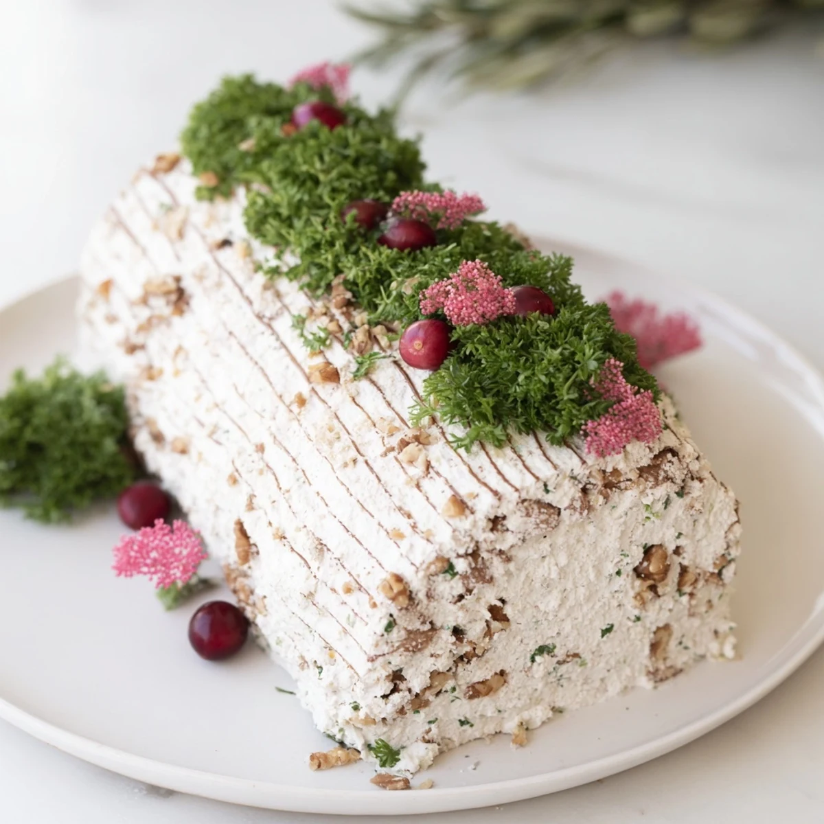 Creamy textured Yuletide Log Cheese Centerpiece, a savory appetizer with nuts and herbs, perfect for your holiday spread.