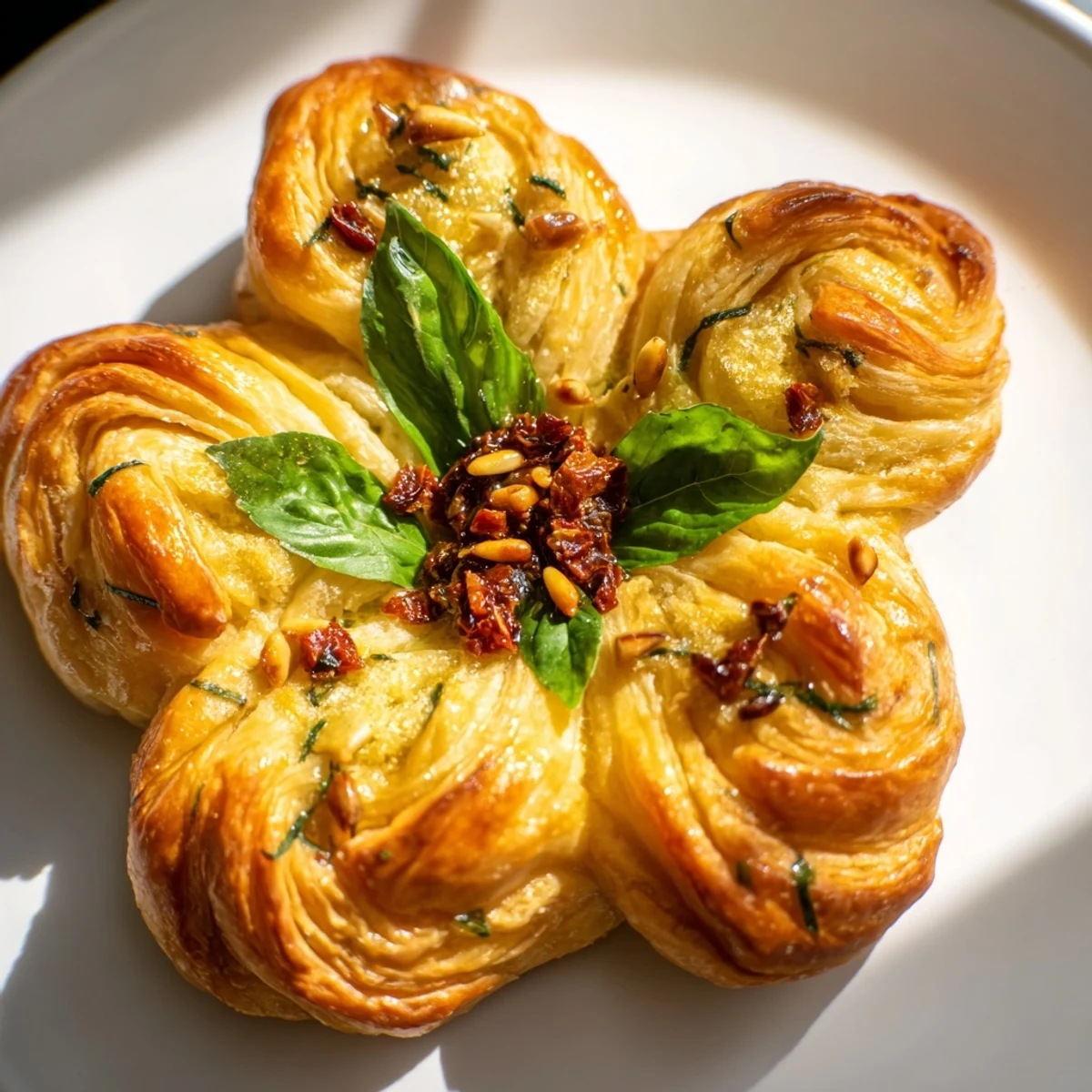 Elegant, flaky Poinsettia Puff Pastry Appetizer with sun-dried tomato filling, ready for a holiday spread.