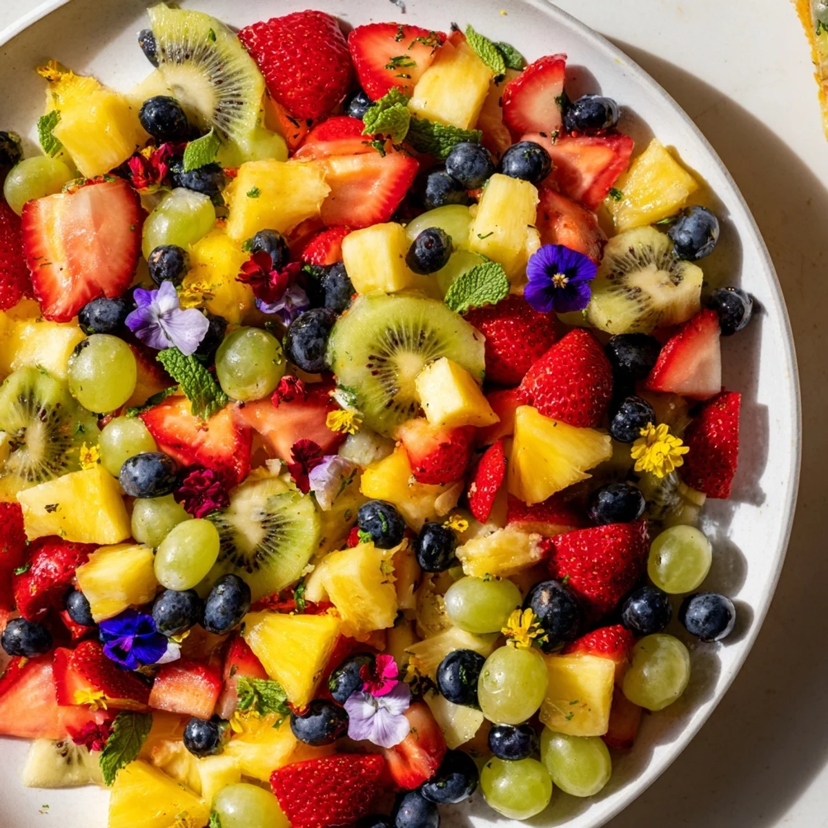 Brightly colored Festive Bow Fruit Medley, chilled and garnished with mint, ready to enjoy.