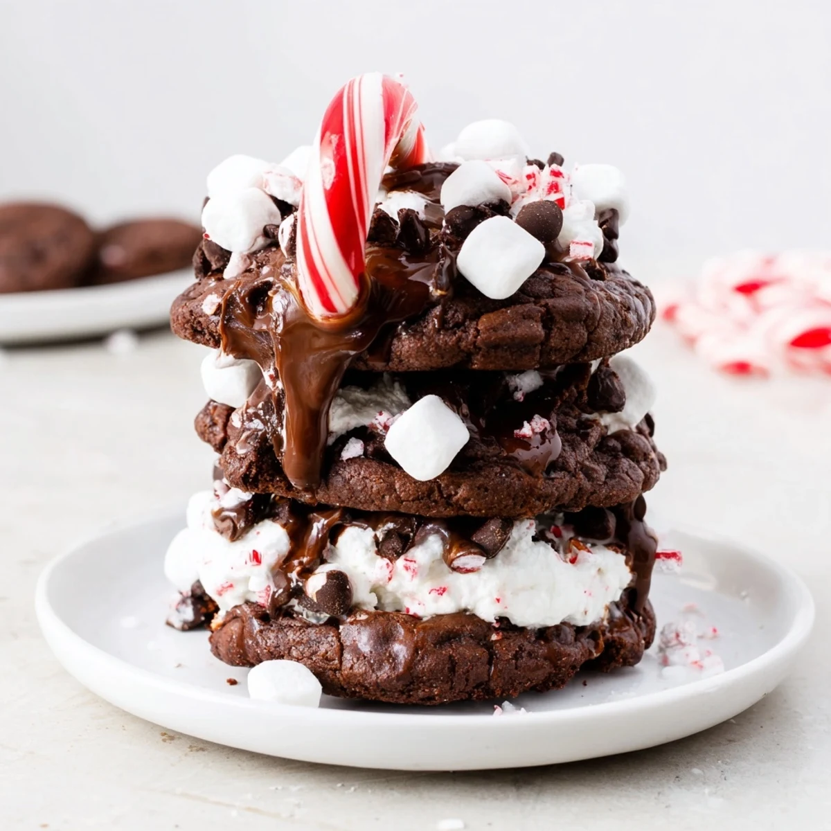 Rich chocolate cookies assembled into a cozy looking Hot Cocoa Mug Cookie Stack, ready to enjoy with a warm drink.