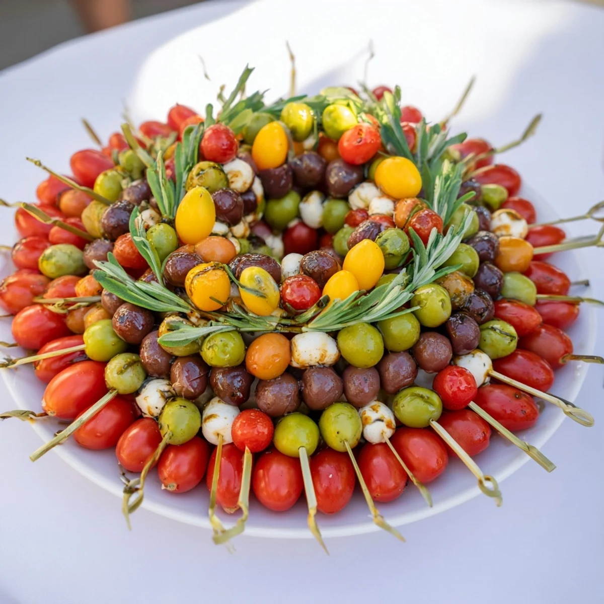 Festive Olive and Cherry Tomato Wreath appetizer, bursting with Mediterranean flavors and fresh herbs.