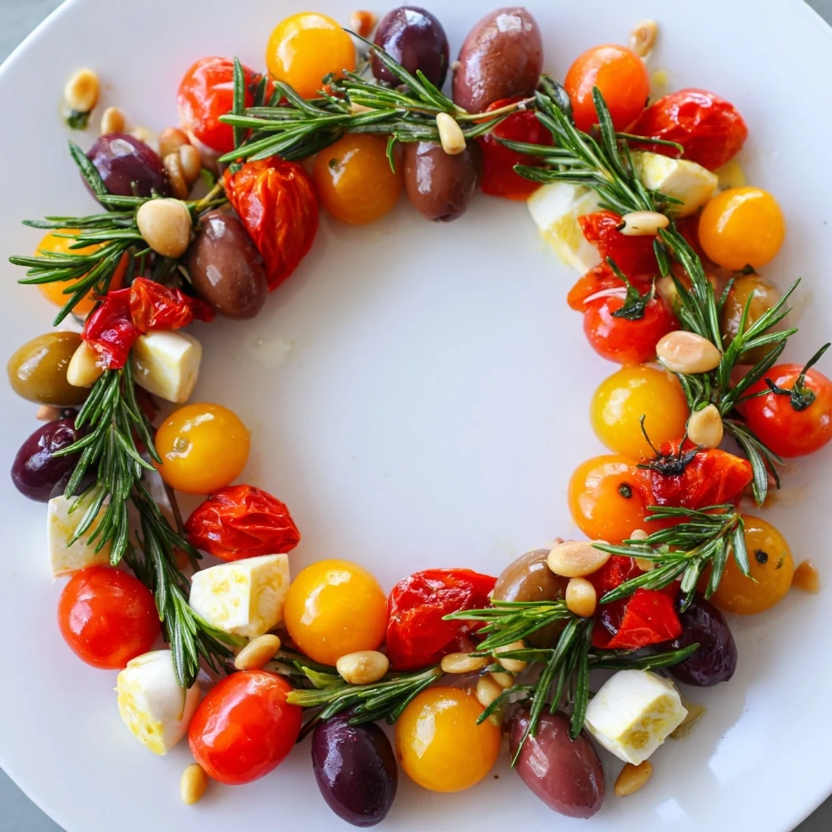 Vibrant Olive and Cherry Tomato Garland Board, bursting with fresh olives, tomatoes, and creamy mozzarella, perfect for entertaining.