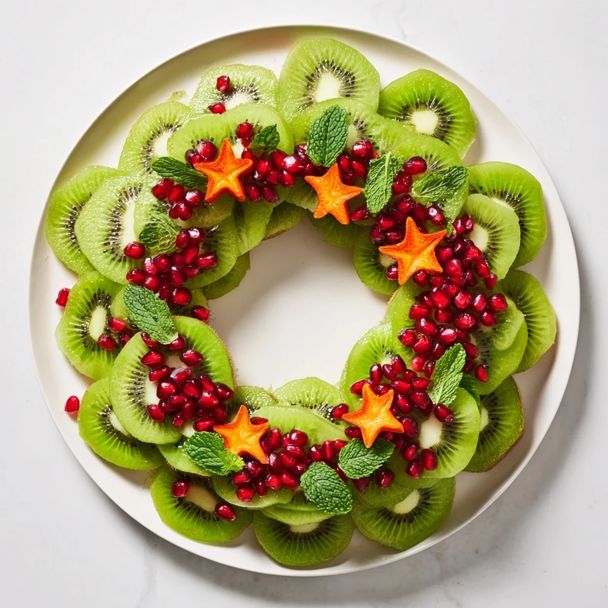 Fresh kiwi and pomegranate Christmas wreath fruit plate, overflowing with juicy pomegranate seeds.