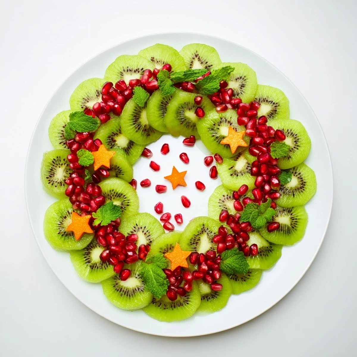 Bright red pomegranate seeds sparkle atop green kiwi in this colorful Christmas fruit wreath.