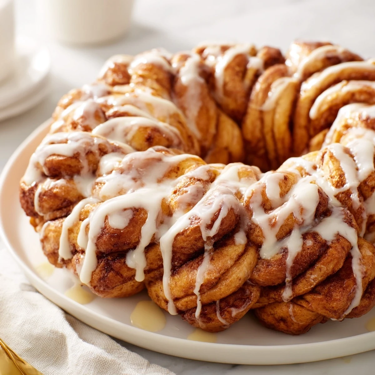Fluffy cinnamon roll pull-apart wreath, golden and glazed, perfect for sharing at a festive brunch.