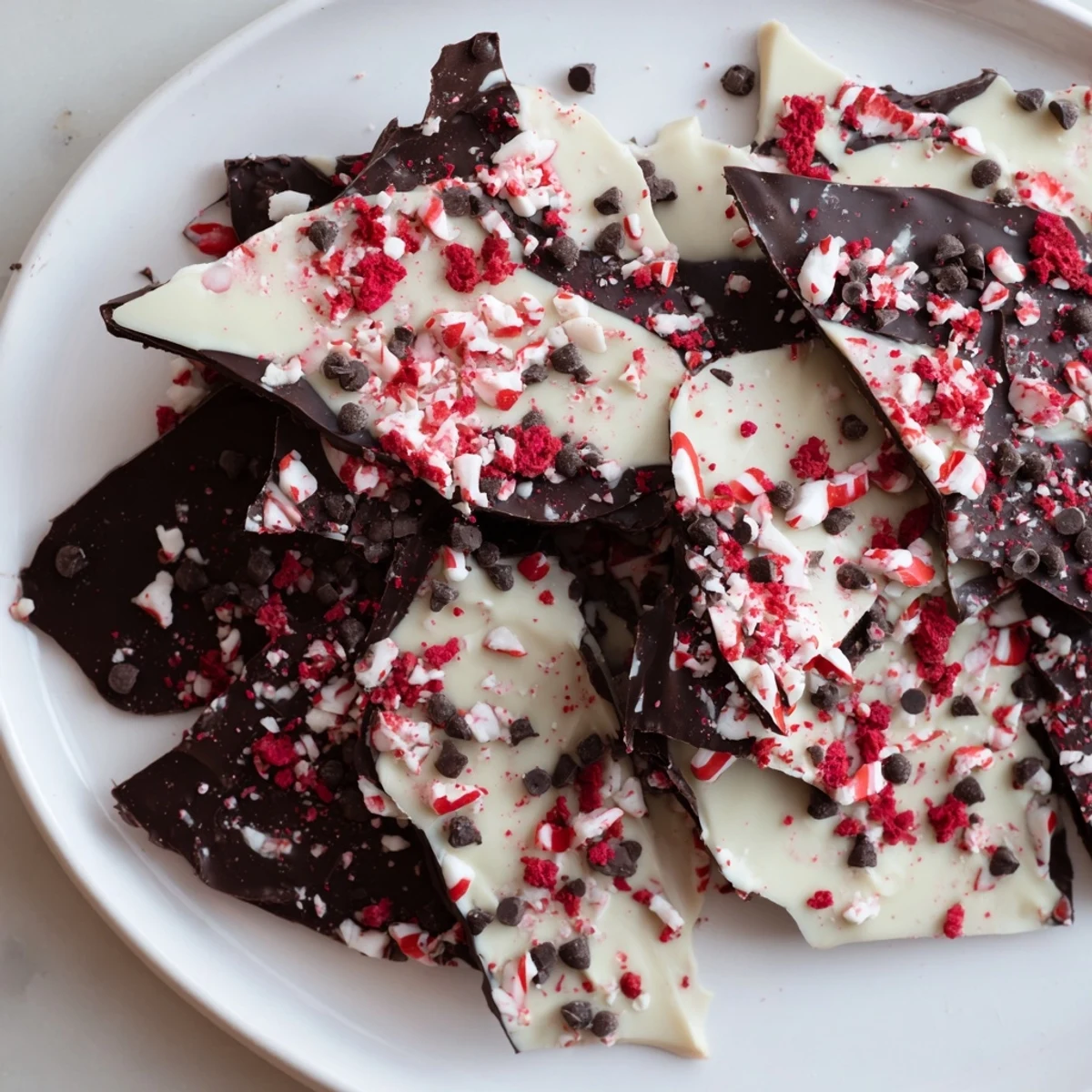 Vibrant Peppermint Bark shards, a festive dessert, glistening with crushed peppermint and dark chocolate.