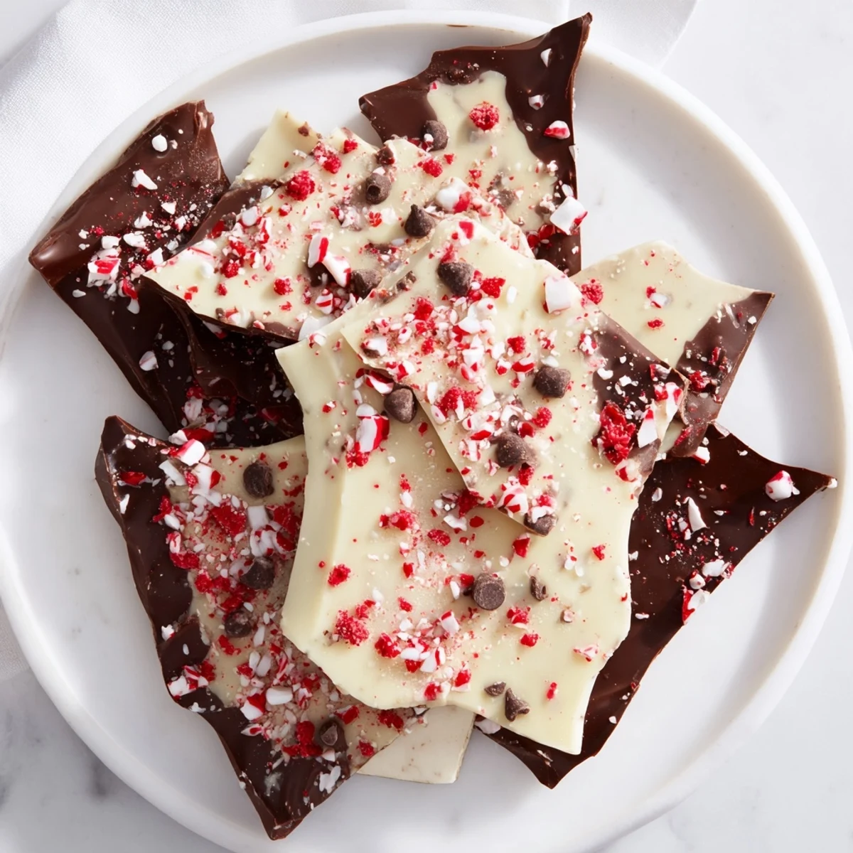 Crisp, jagged Peppermint Bark pieces studded with festive red and white candy crumbles ready to serve.