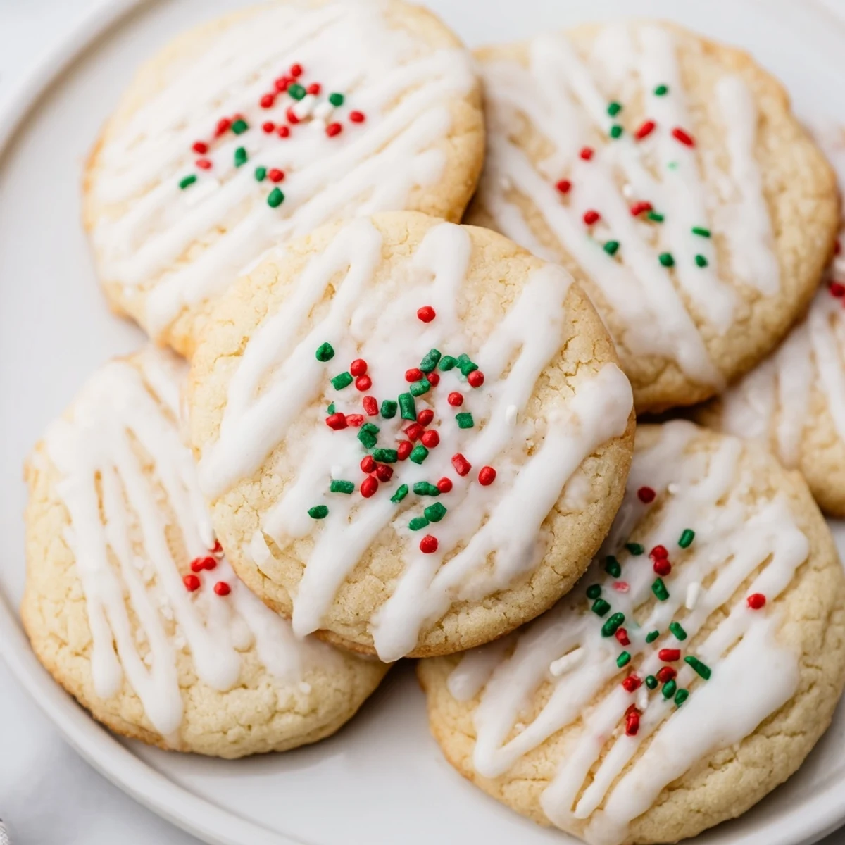 Golden, buttery Holiday Cookies with Icing Drizzle, decorated with a sweet, festive icing and sprinkles.
