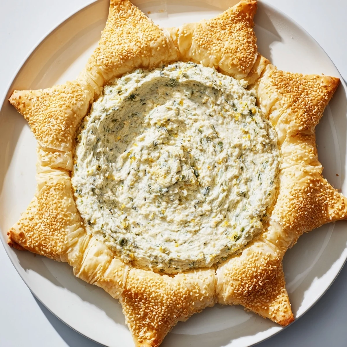 Star-Shaped Pesto Dip is a creamy, vibrant appetizer, ready to scoop with crispy cracker edges.