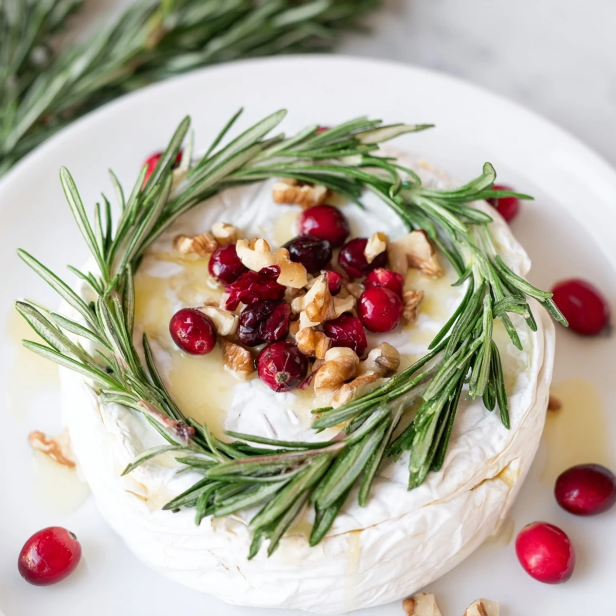 Creamy Brie Cheese Wheel with Rosemary Wreath: a festive appetizer ready to be scooped with crackers, perfect for sharing.
