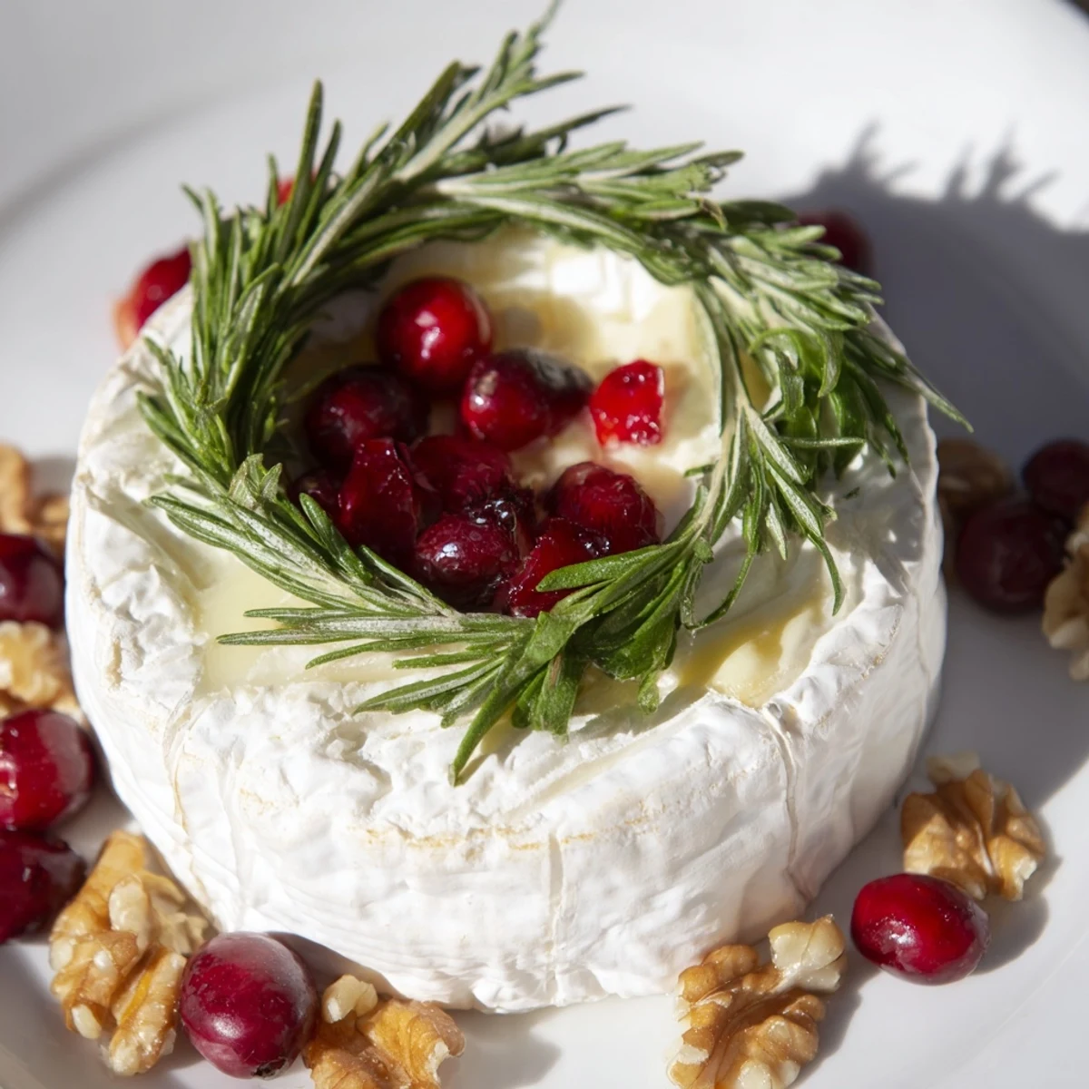 A close-up of Brie Cheese Wheel with Rosemary Wreath, garnished with ruby red cranberries for a beautiful holiday spread.