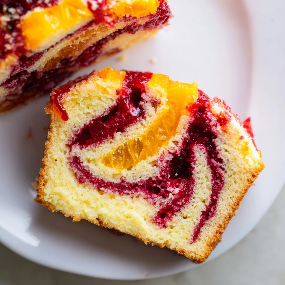 Festive Cranberry Orange Swirl cake slice showing striking red and orange swirls, ready to eat.