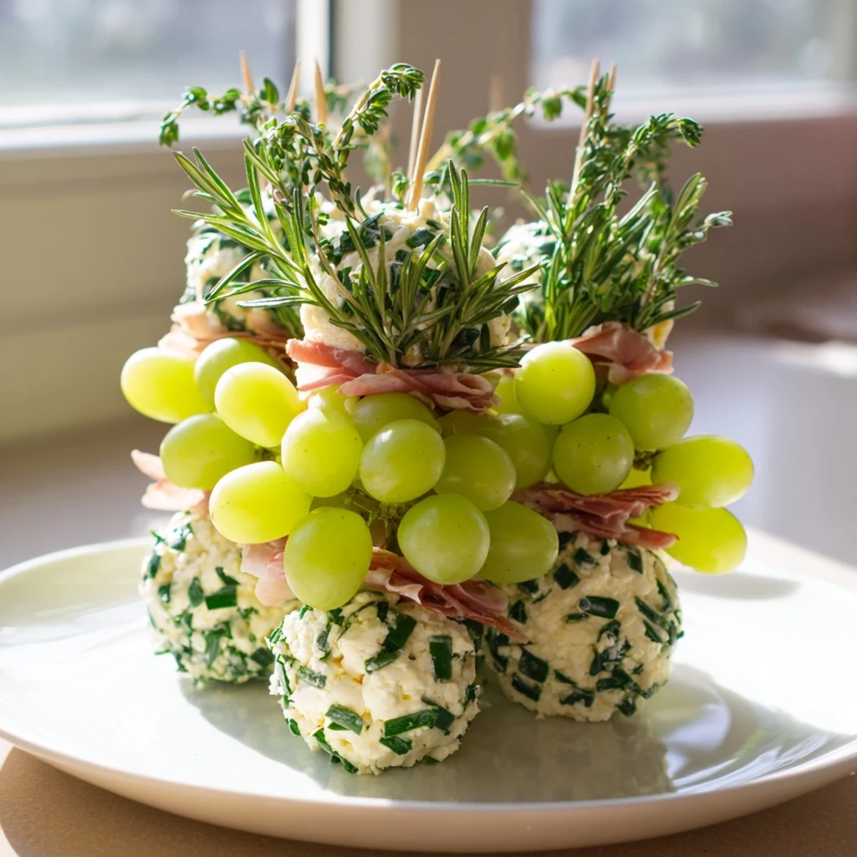 Vibrant close-up of a Mistletoe Kissing Ball appetizer, showcasing fresh grapes and creamy cheese.
