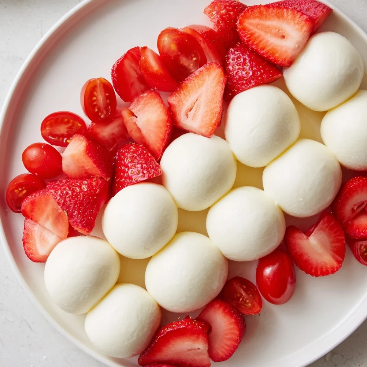 A visually stunning Peppermint Stripe Celebration platter with fresh red and white ingredients.