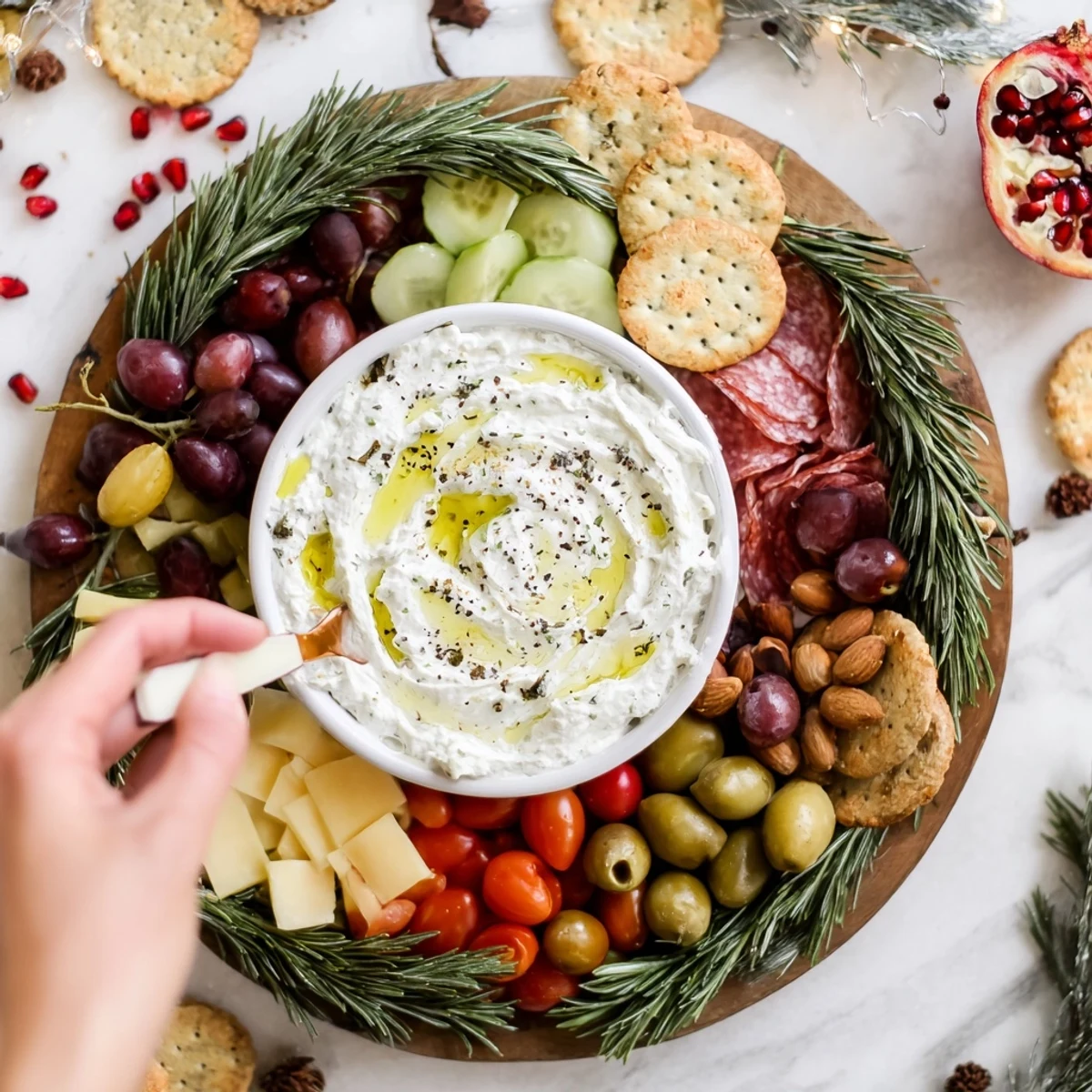 This festive Evergreen Wreath Board presents an elegant holiday appetizer with colorful, fresh ingredients.