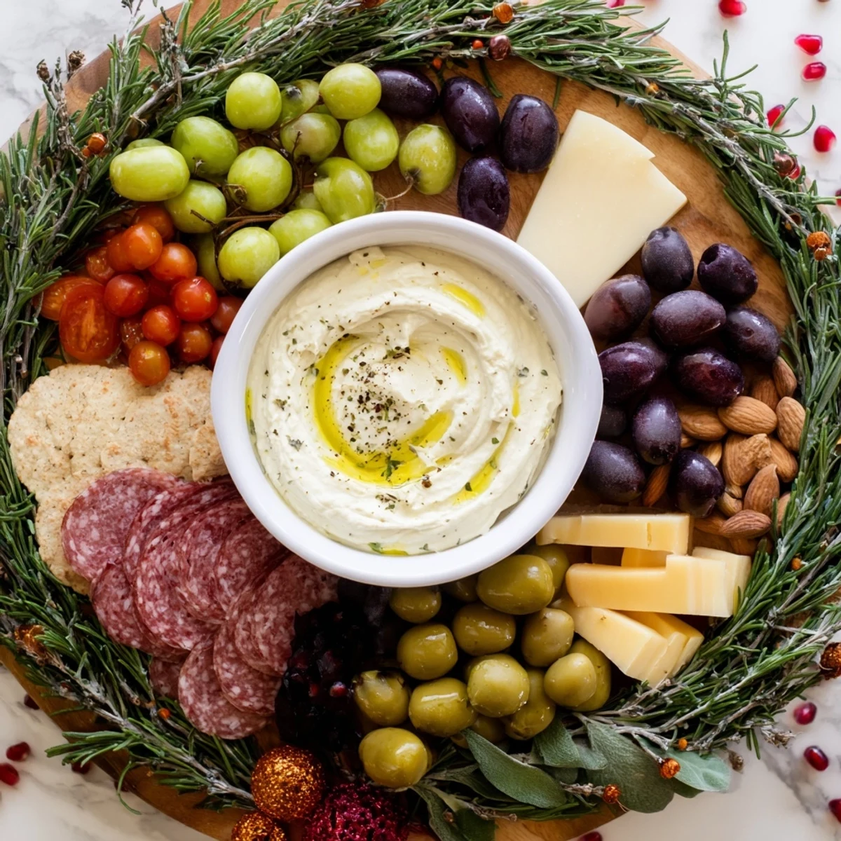 An Evergreen Wreath Board arranged with cheeses, meats, fruits, and nuts around a creamy dip.