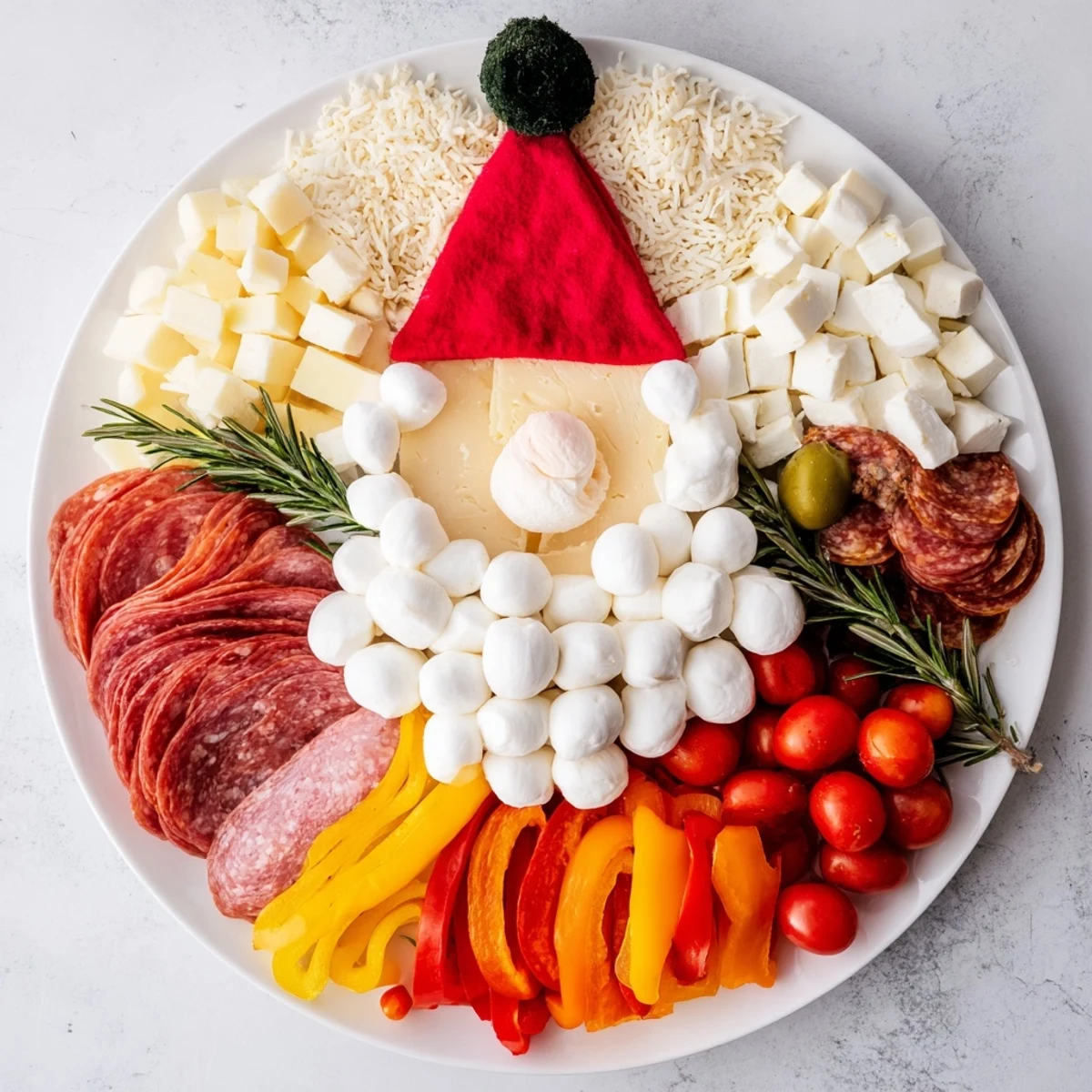 Santa's Beard and Hat Board: a festive charcuterie creation of white cheeses and meats, ready to serve and enjoy.