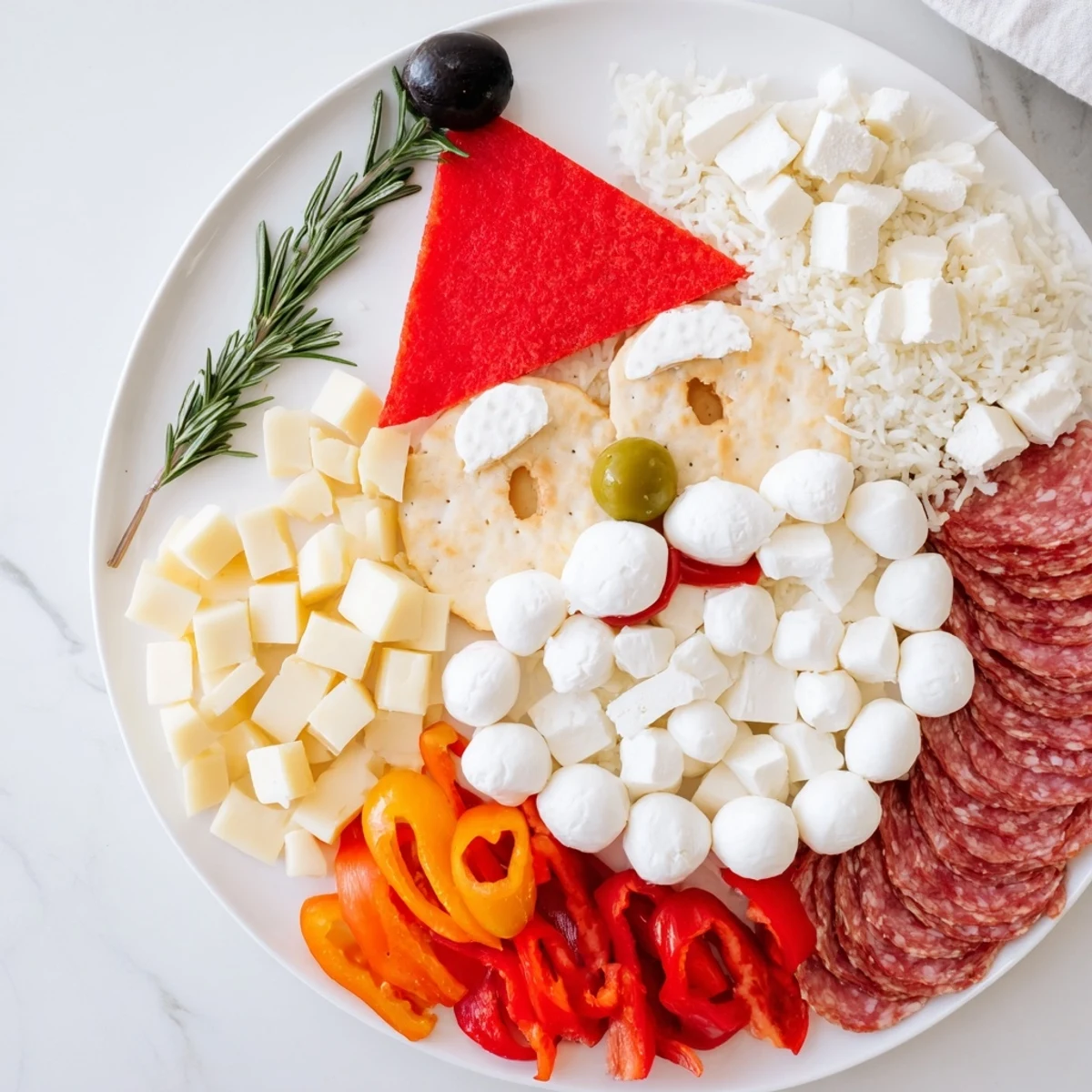 This Santa's Beard and Hat Board combines creamy cheeses, crackers, salami, and peppers for a delicious holiday appetizer.