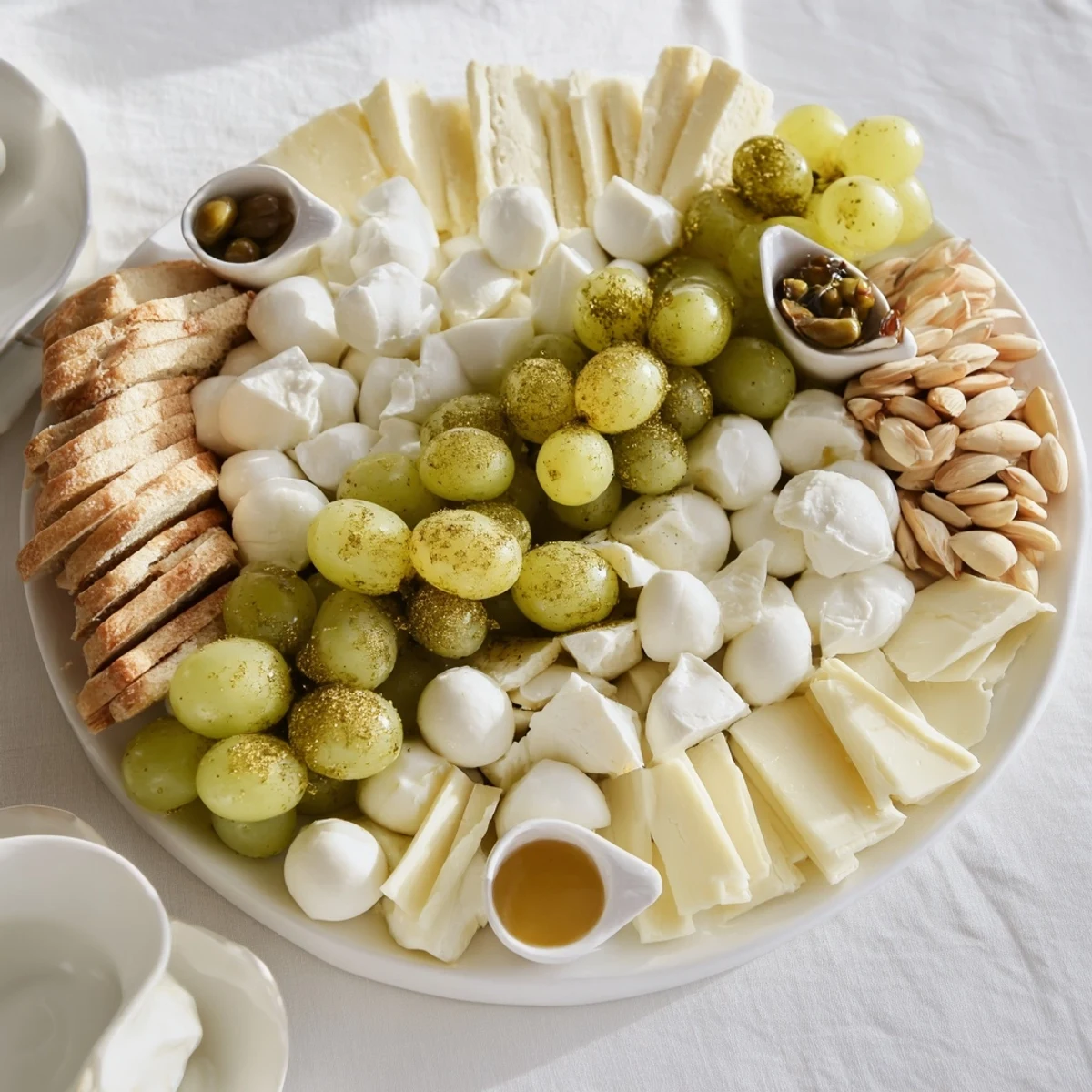 A festive array of Sparkling Champagne Toast features green grapes and assorted cheeses ready to celebrate.