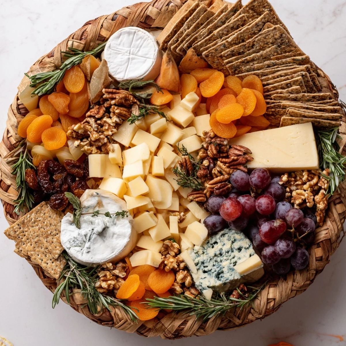 Autumn Harvest Horn of Plenty overflowing with colorful dried fruits, nuts, and cheeses, ready to serve.