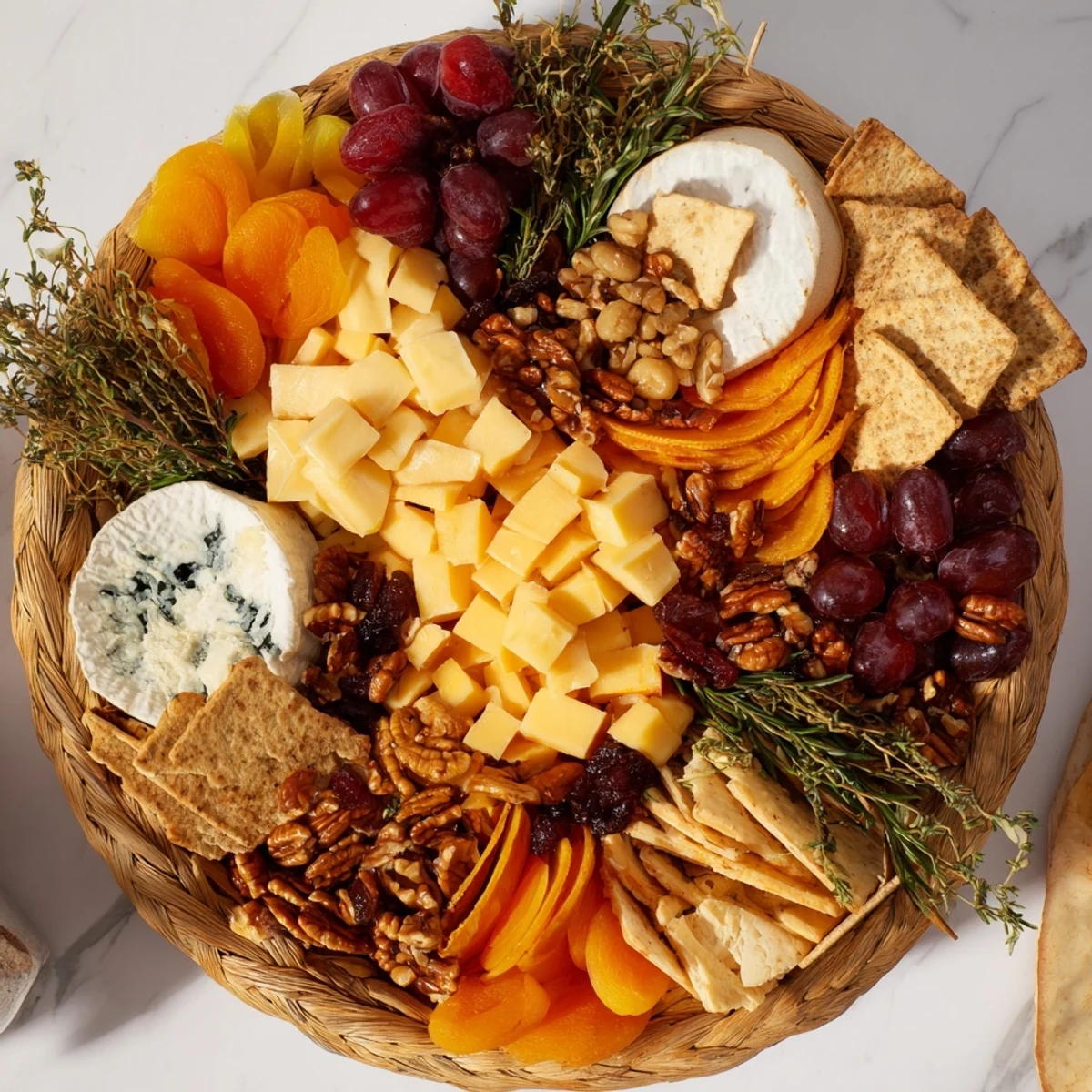 Delicious Autumn Harvest Horn of Plenty appetizer, featuring cheddar, goat cheese, and rustic crackers with herbs.