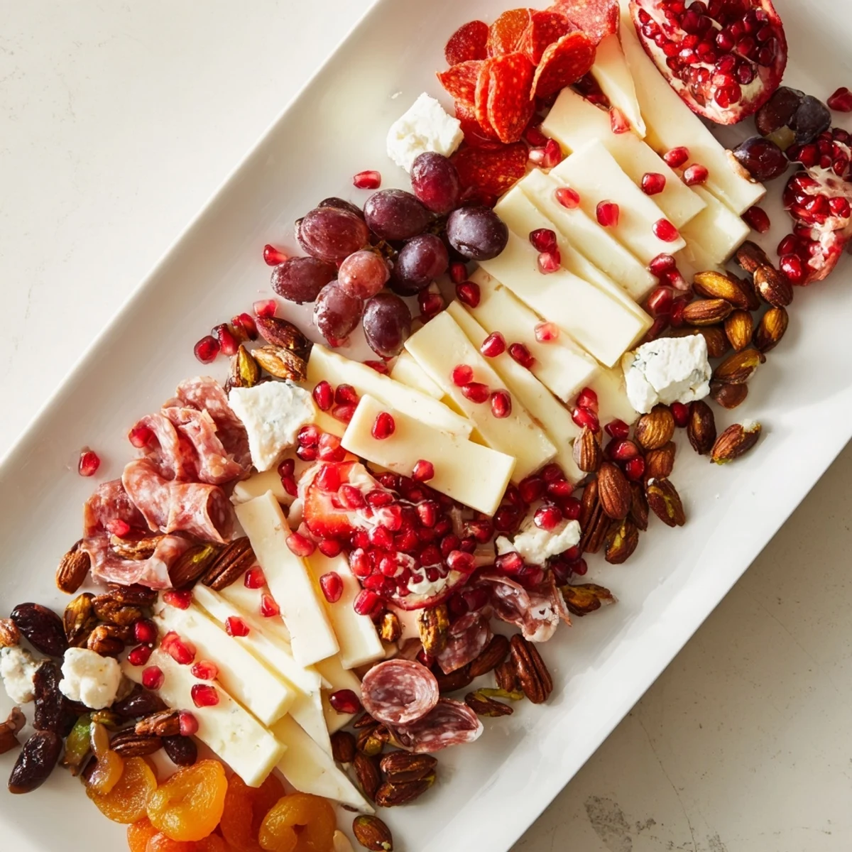 A beautiful Pomegranate Jewel Cascade grazing board with ruby red pomegranate seeds and fresh fruit.