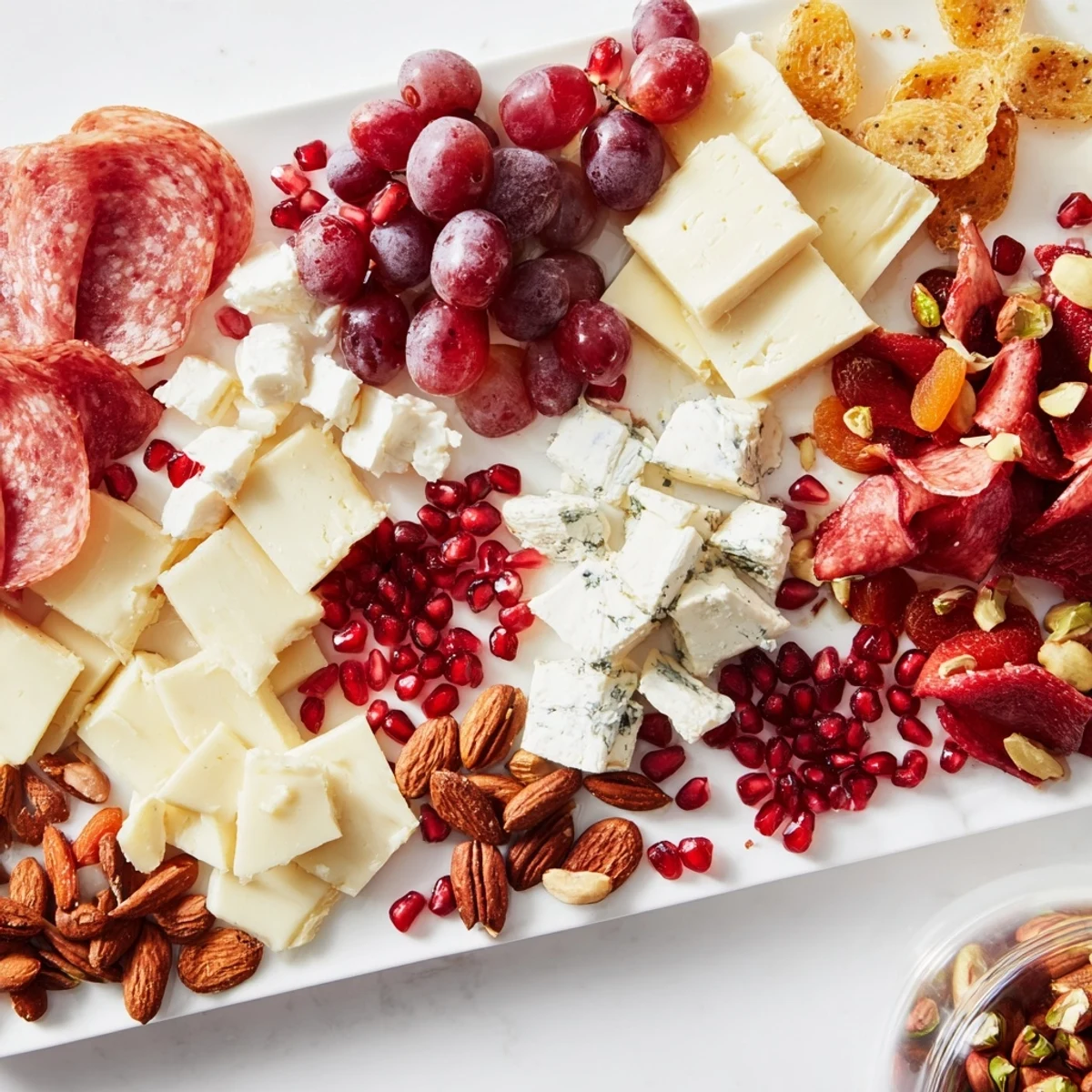 The Pomegranate Jewel Cascade features various cheeses, meats, and glistening pomegranate seeds artfully arranged together.