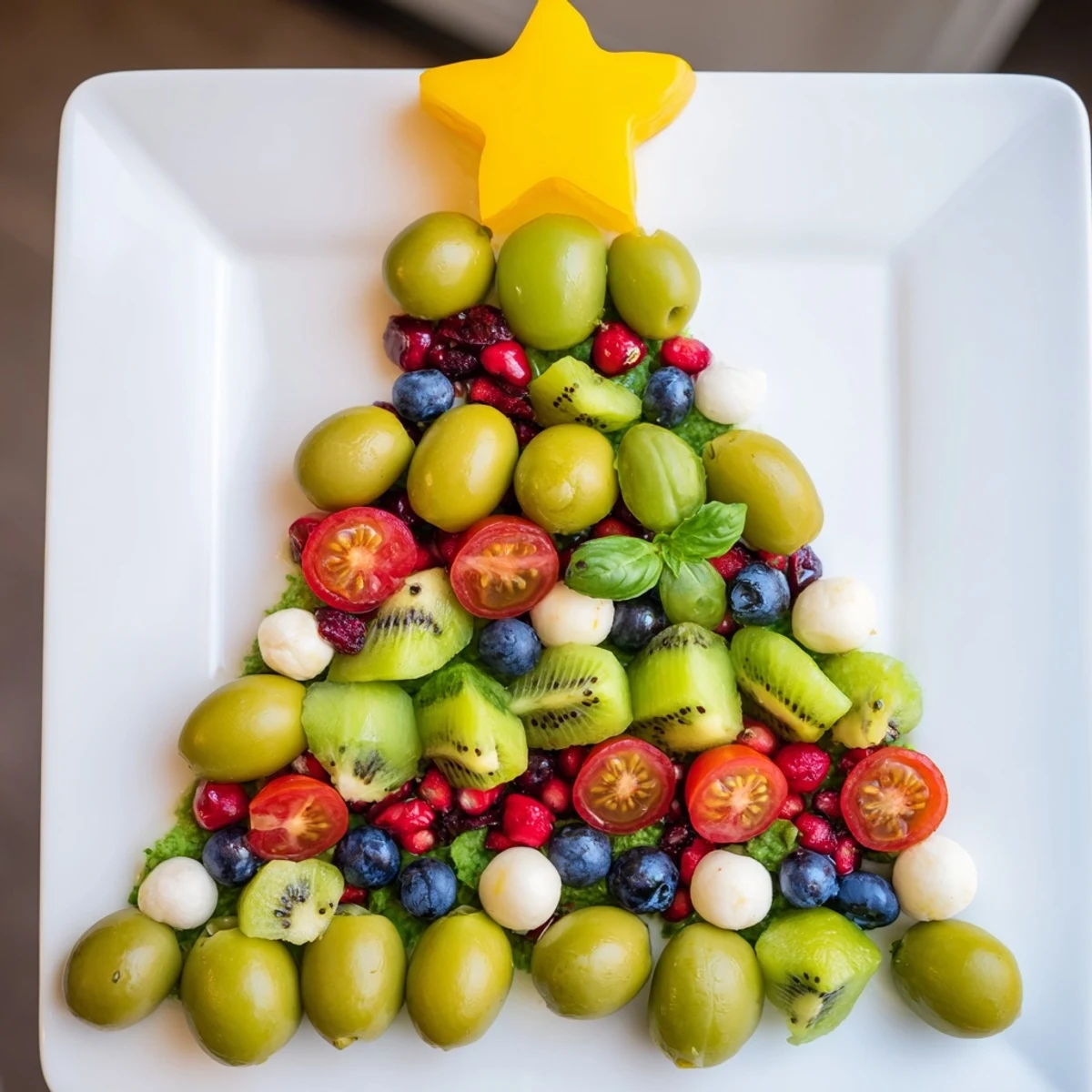 A visually stunning Christmas Tree Triangle Board features layers of colorful fruits and festive "ornaments".