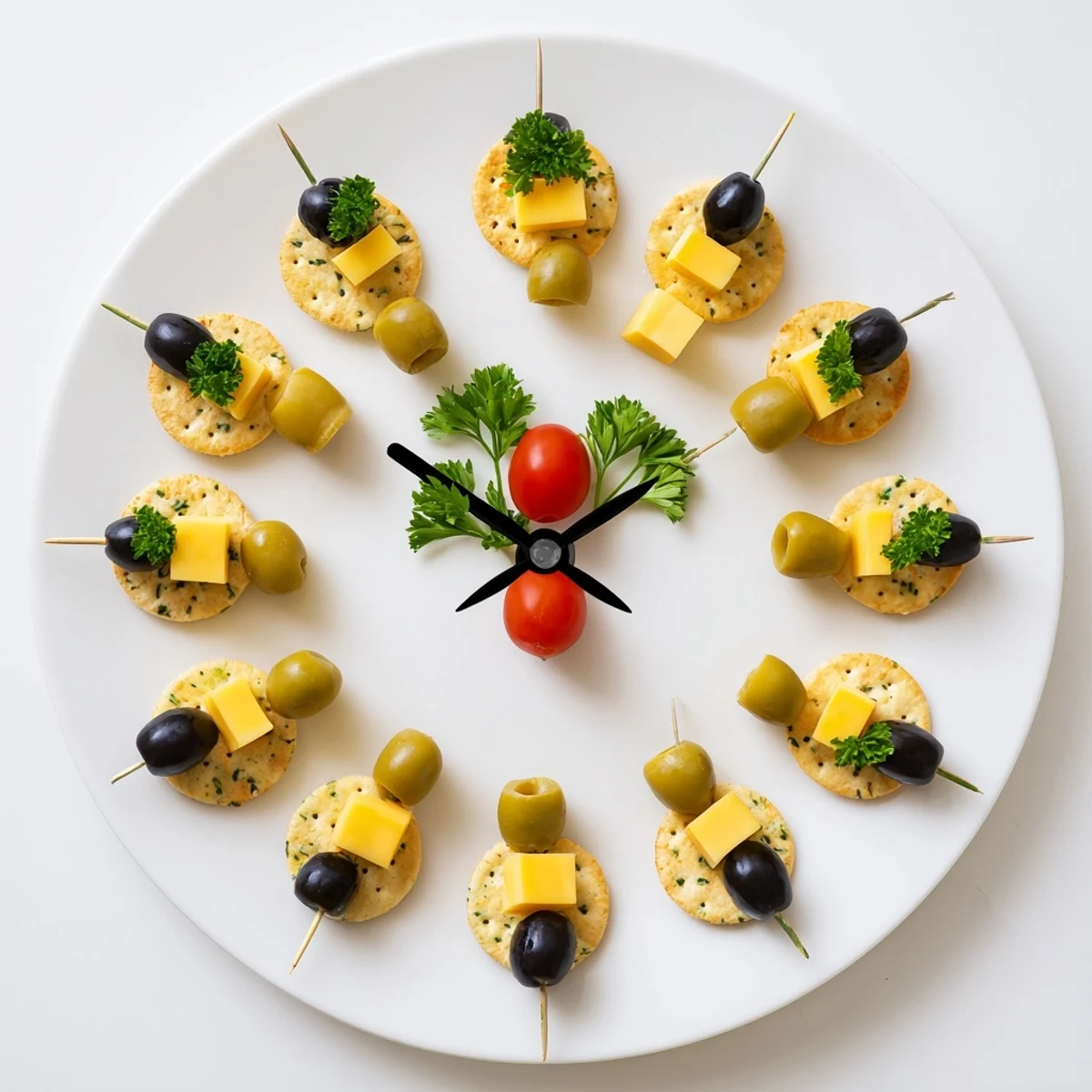 Beautiful New Years Clock Countdown photo, presenting a tasty cracker and cheese appetizer ready for midnight.
