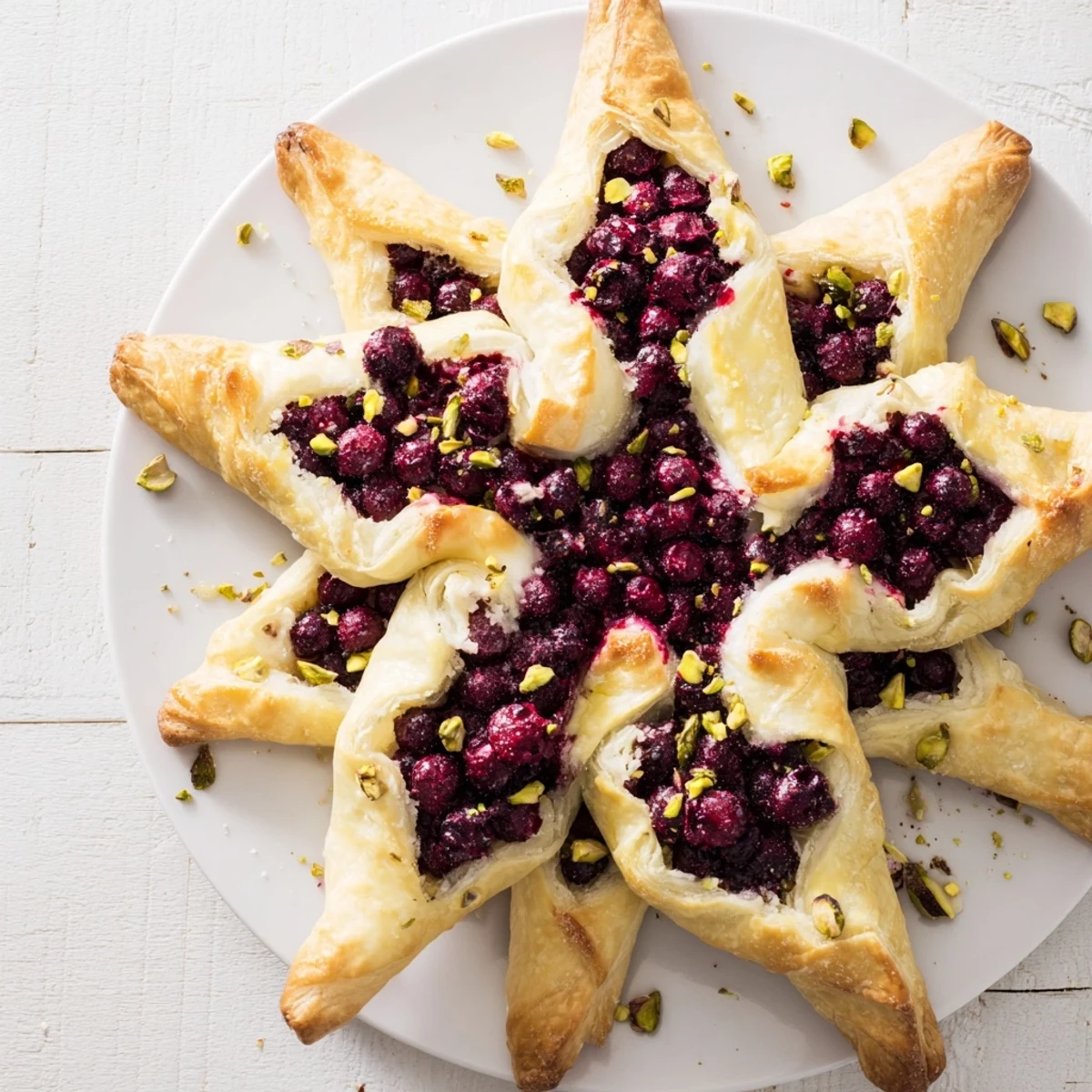 Golden-brown Cranberry Christmas Star appetizer showcasing vibrant red cranberries nestled in flaky pastry.