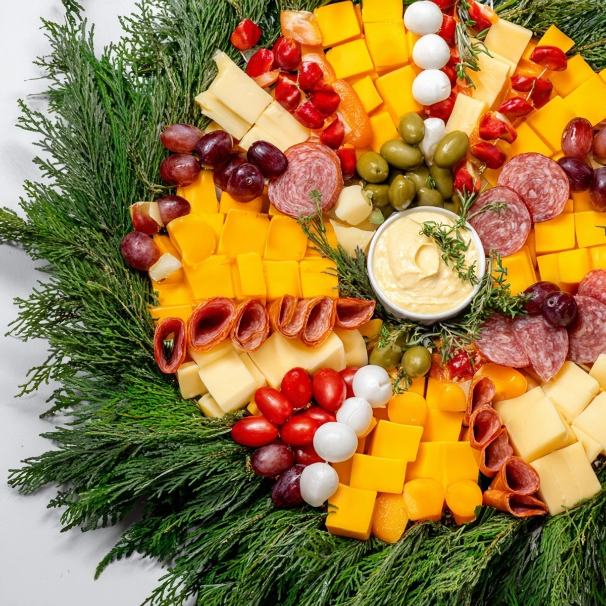 Festive Evergreen Wreath Board beautifully displays cheeses, fruits, and meats in a holiday appetizer.