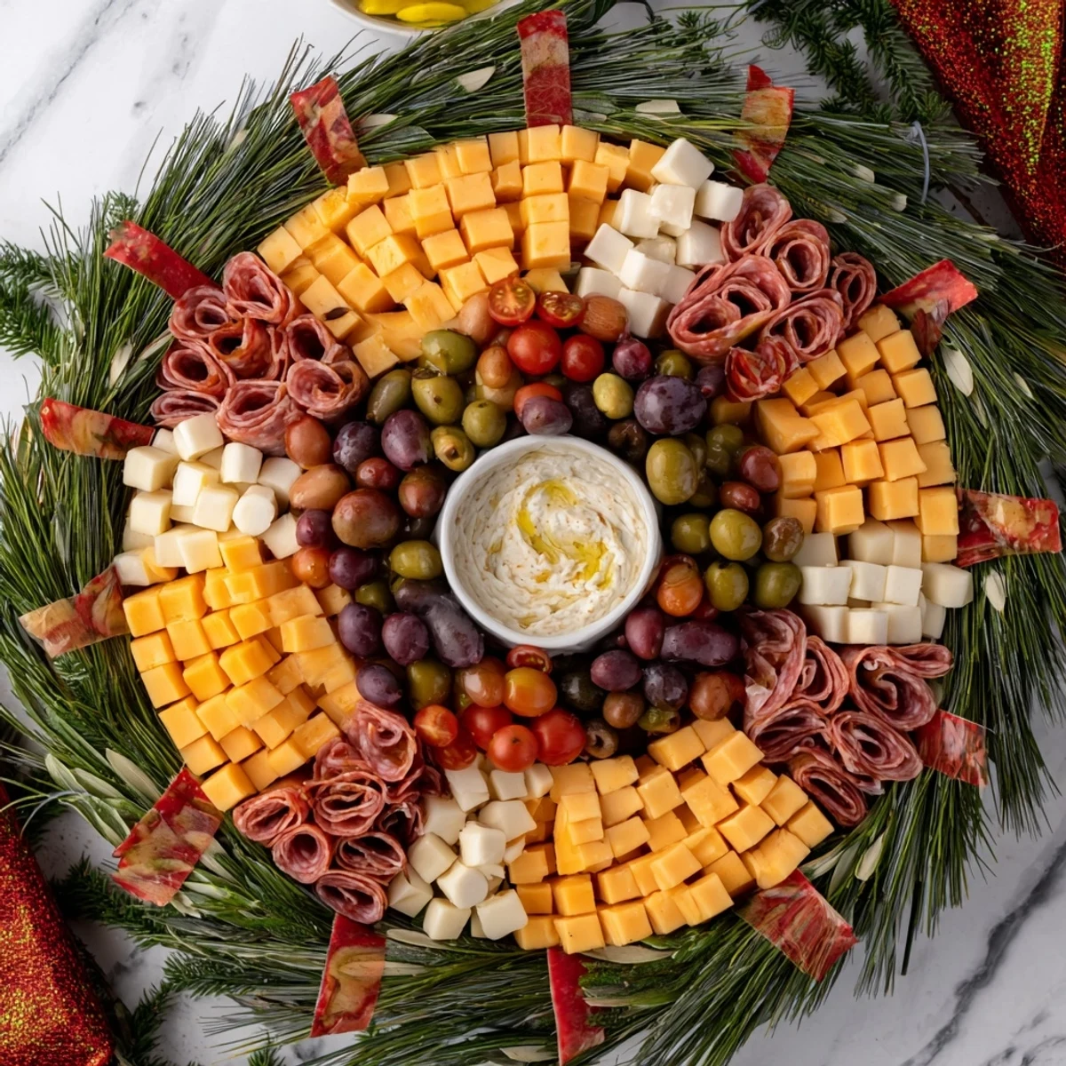 Showstopping Evergreen Wreath Board: a delicious charcuterie board with fresh herbs and colorful ingredients.