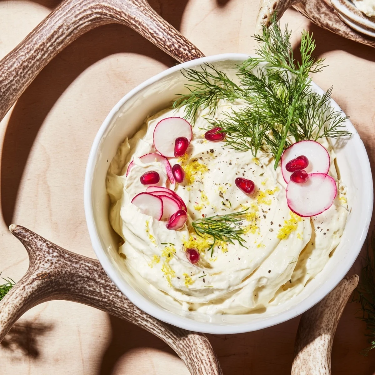 A delicious and whimsical Reindeer Antler Spread ready for holiday entertaining, with fresh dill garnish and crackers.