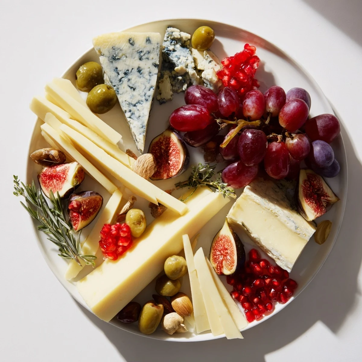 Dramatic The Final Curtain appetizer board featuring a cascade of cheeses, fresh figs, and colorful pomegranate.