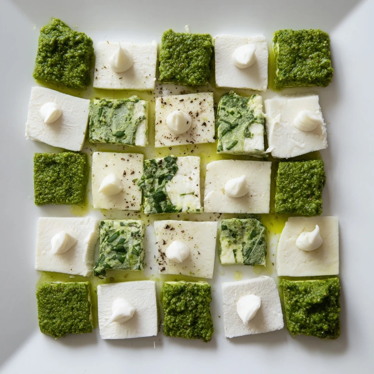Checkerboard Garden appetizer, a visually appealing mix of cheeses and vibrant herb squares, ready to serve.