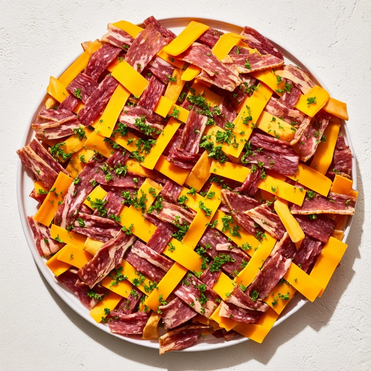 Savory strips compose the The Tartan Plaid, a creative appetizer featuring assorted jerky and cheeses.