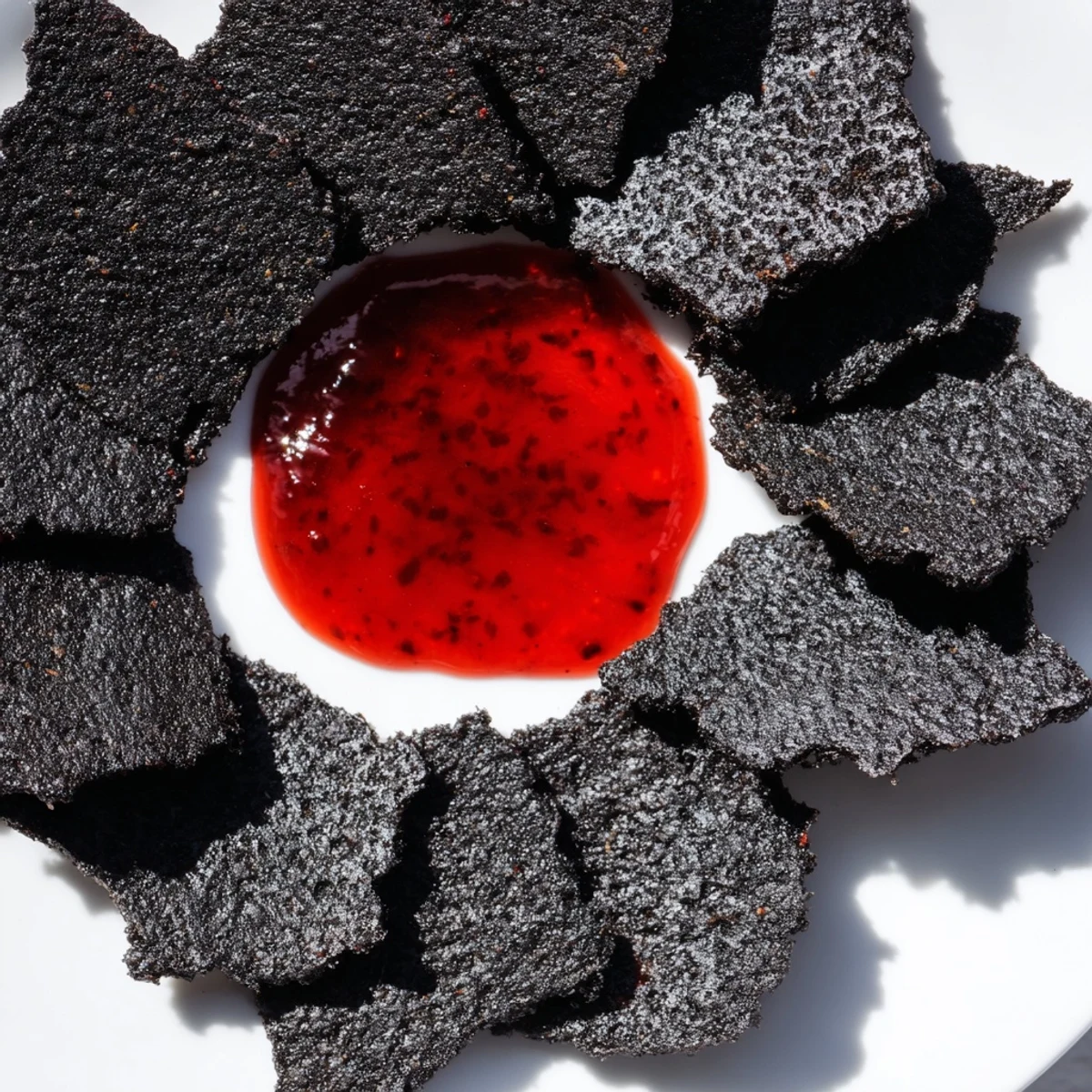 The Volcanic Flow recipe, a visually stunning appetizer: Spicy red jelly erupts from a black cracker base.