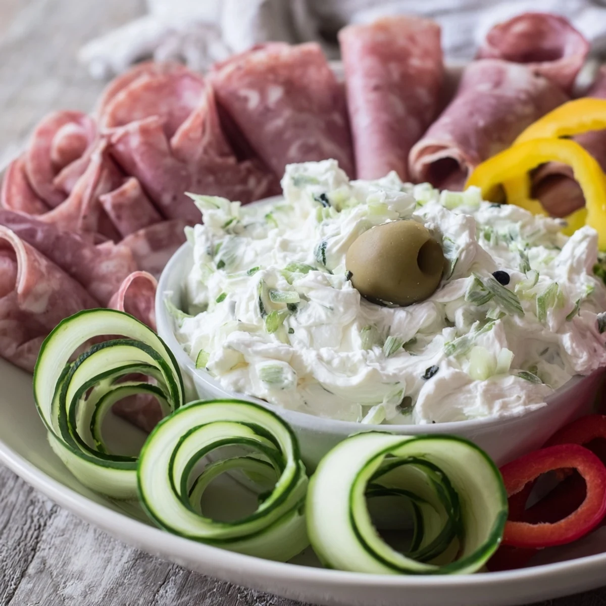 Close-up of the Medusa Curls appetizer with rolled meats and vibrant pepper curls designed carefully.